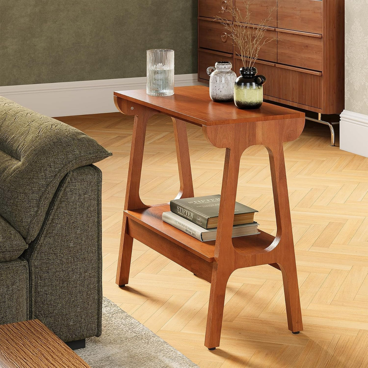 Mesa auxiliar de madera maciza con 2 estantes Mesita de noche esbelta de madera de caucho para salón, dormitorio o pasillo