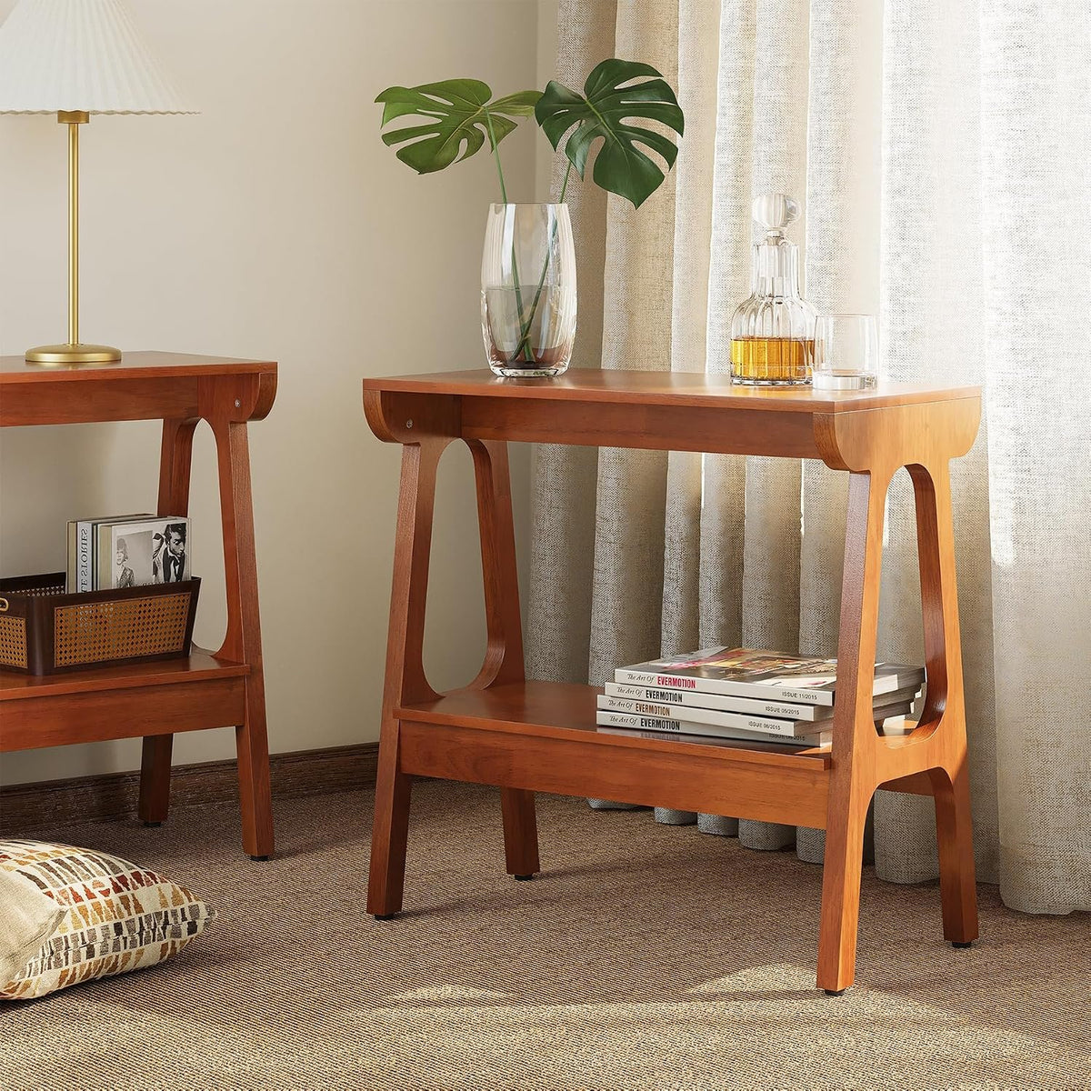 Mesa auxiliar de madera maciza con 2 estantes Mesita de noche esbelta de madera de caucho para salón, dormitorio o pasillo