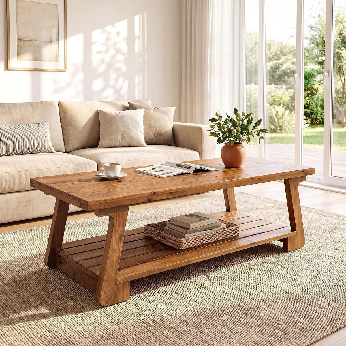 Tribesigns Mesa de centro de madera maciza con 2 niveles, Mesa de salón de estilo rústico