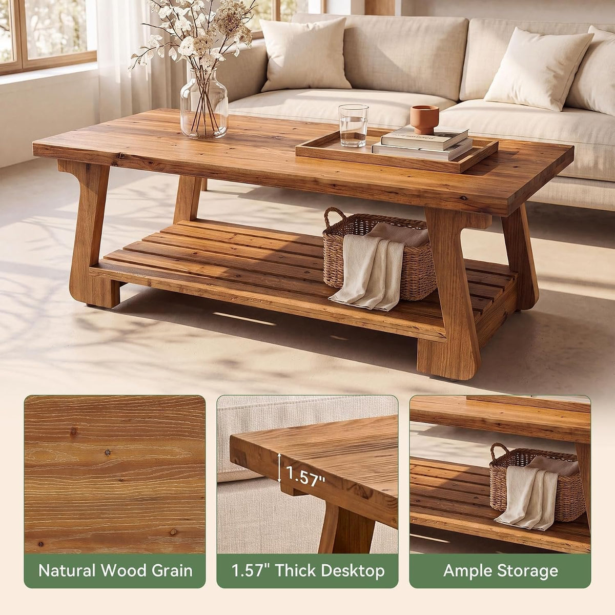 Tribesigns Mesa de centro de madera maciza con 2 niveles, Mesa de salón de estilo rústico
