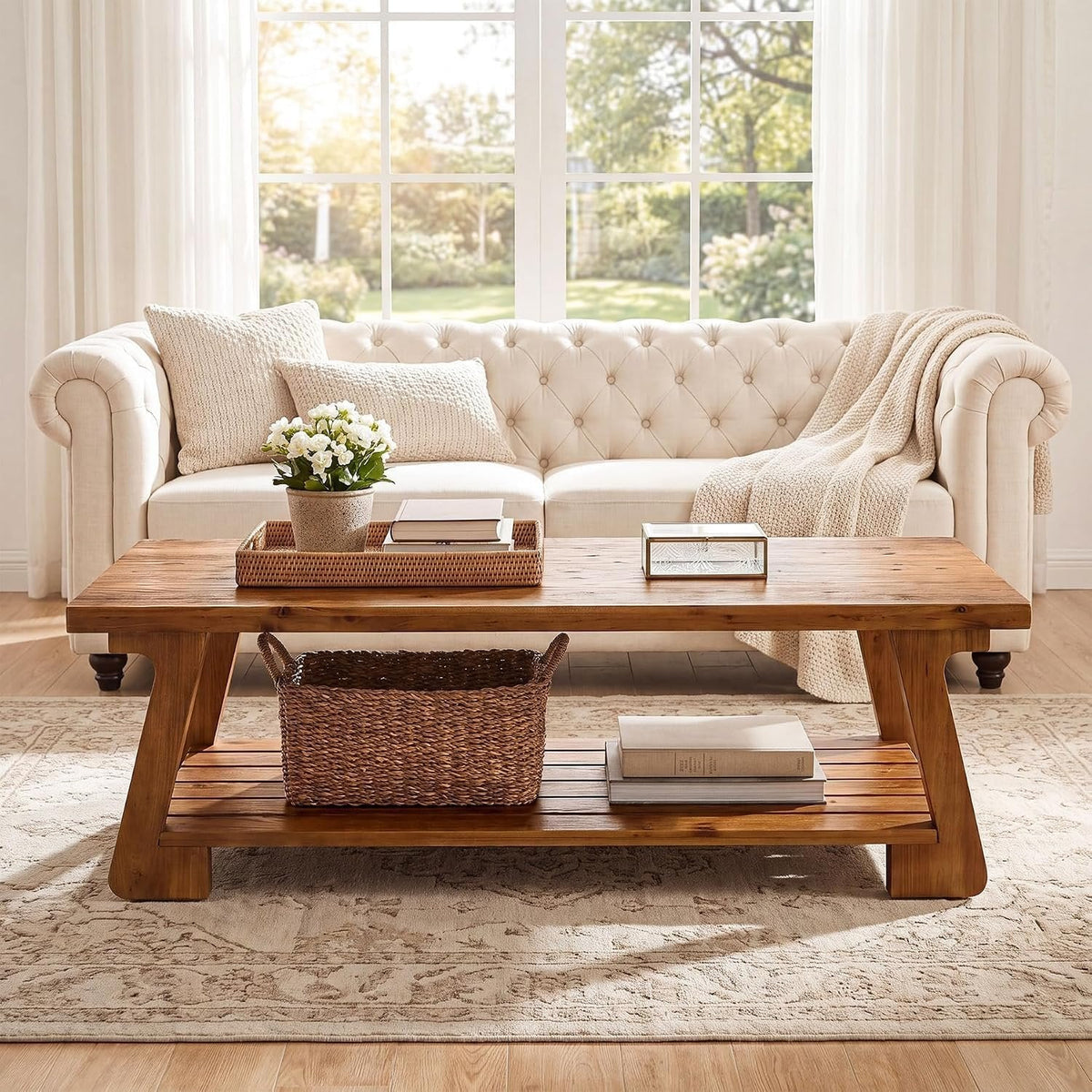 Tribesigns Mesa de centro de madera maciza con 2 niveles, Mesa de salón de estilo rústico