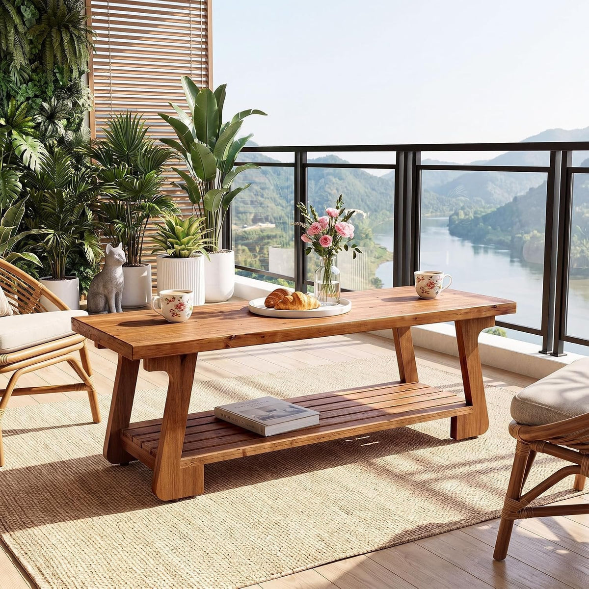 Tribesigns Mesa de centro de madera maciza con 2 niveles, Mesa de salón de estilo rústico