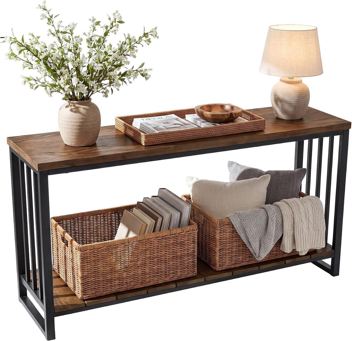 Tribesigns Mesa consola de madera maciza de 140 cm, Mesa estrecha para recibidor de estilo rústico con estante