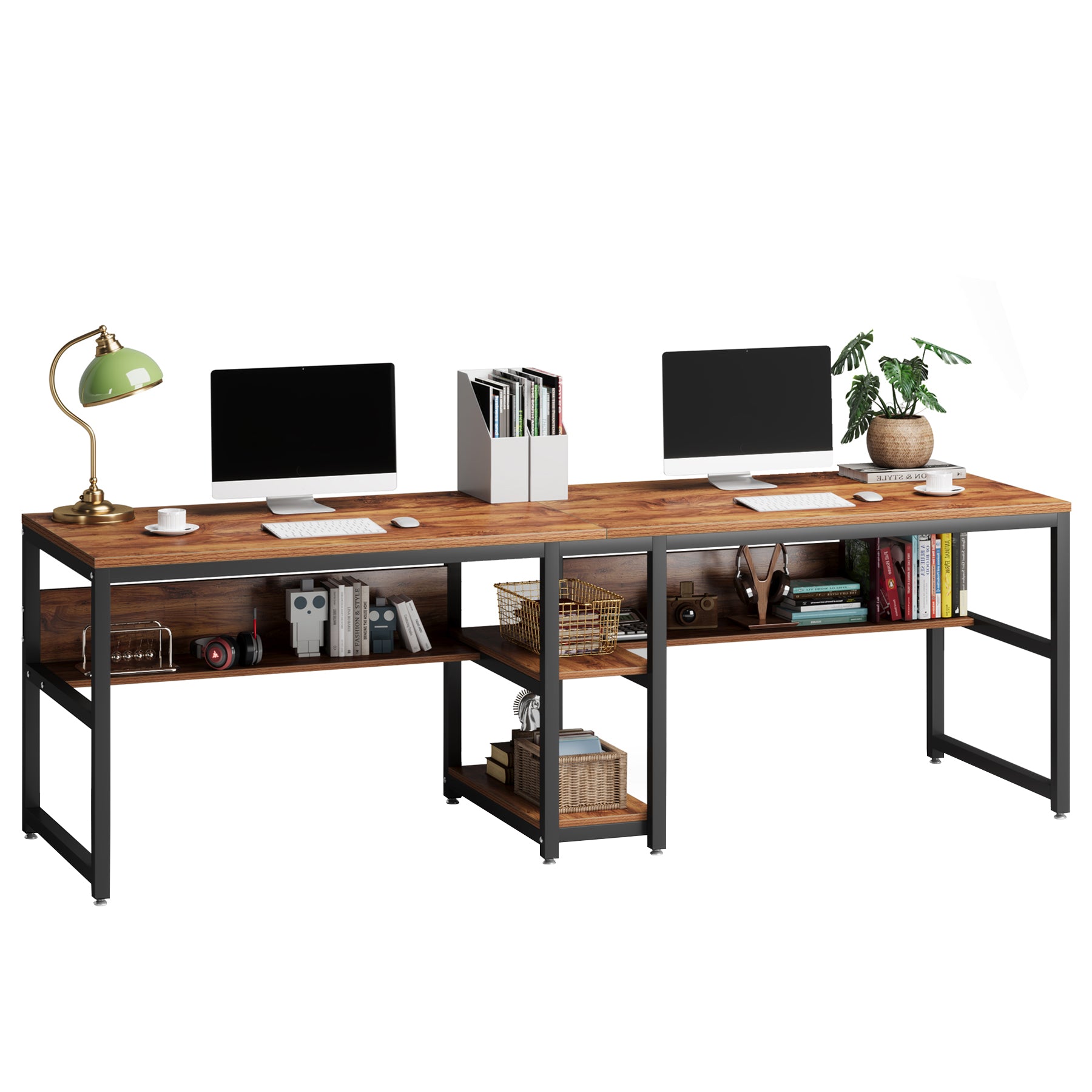 Tribesigns Escritorio con almacenamiento, Escritorio doble para ordenador de 200 cm para dos personas Escritorio rústico con estante
