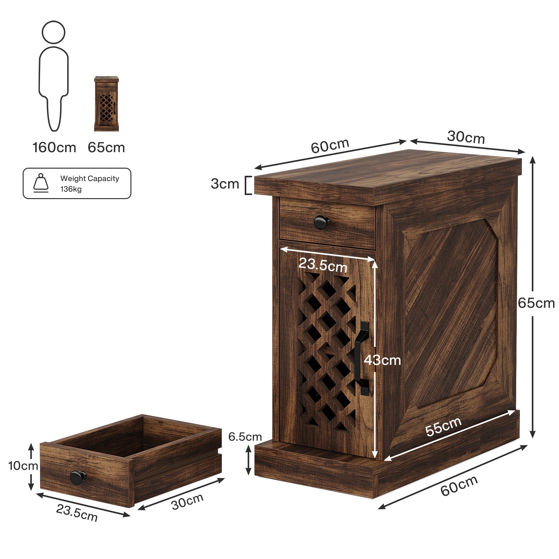 Tribesigns Mesa auxiliar estrecha de 65 cm con cajón y armario