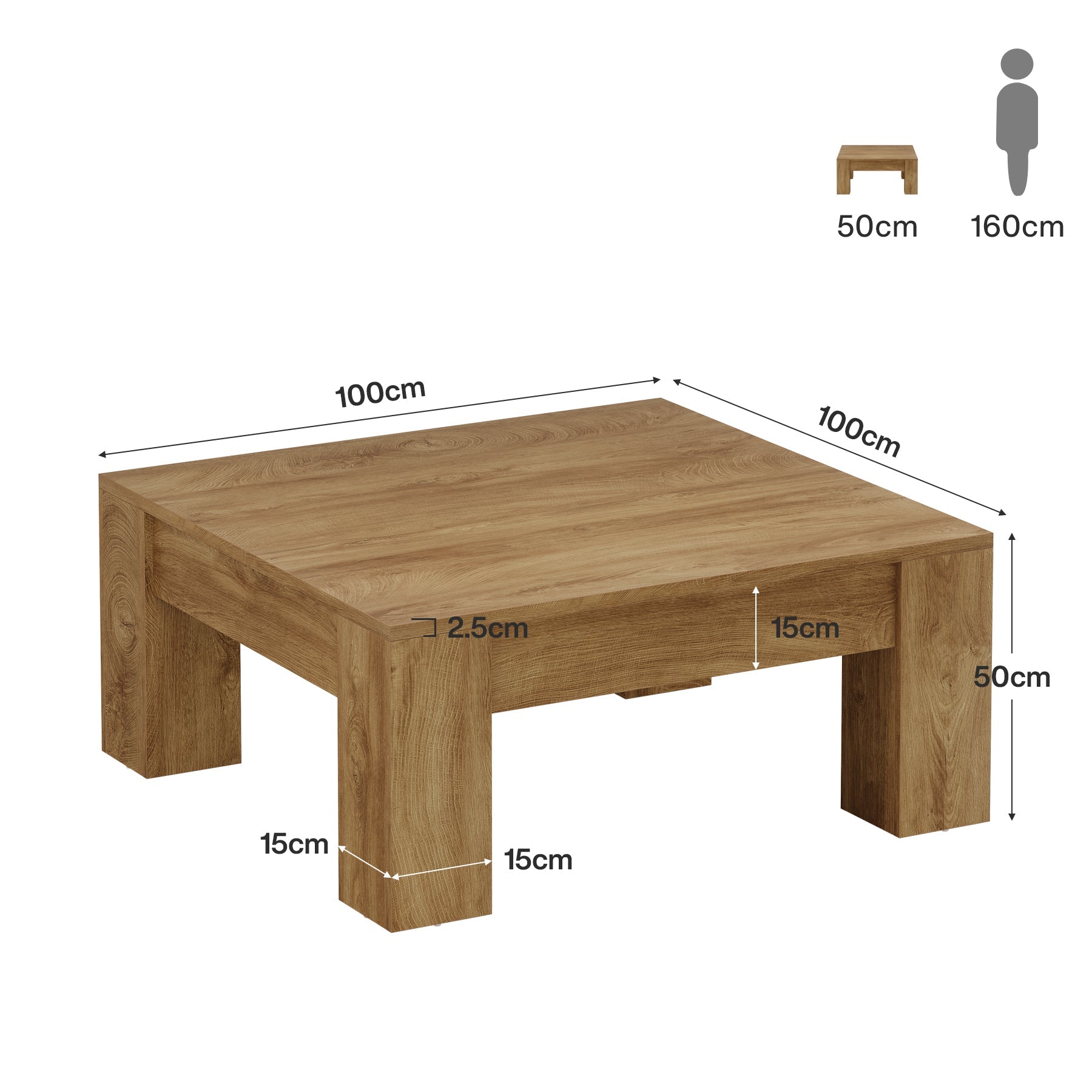 Tribesigns Mesa de centro cuadrada de 100 cm, Estilo rústico de madera con patas resistentes