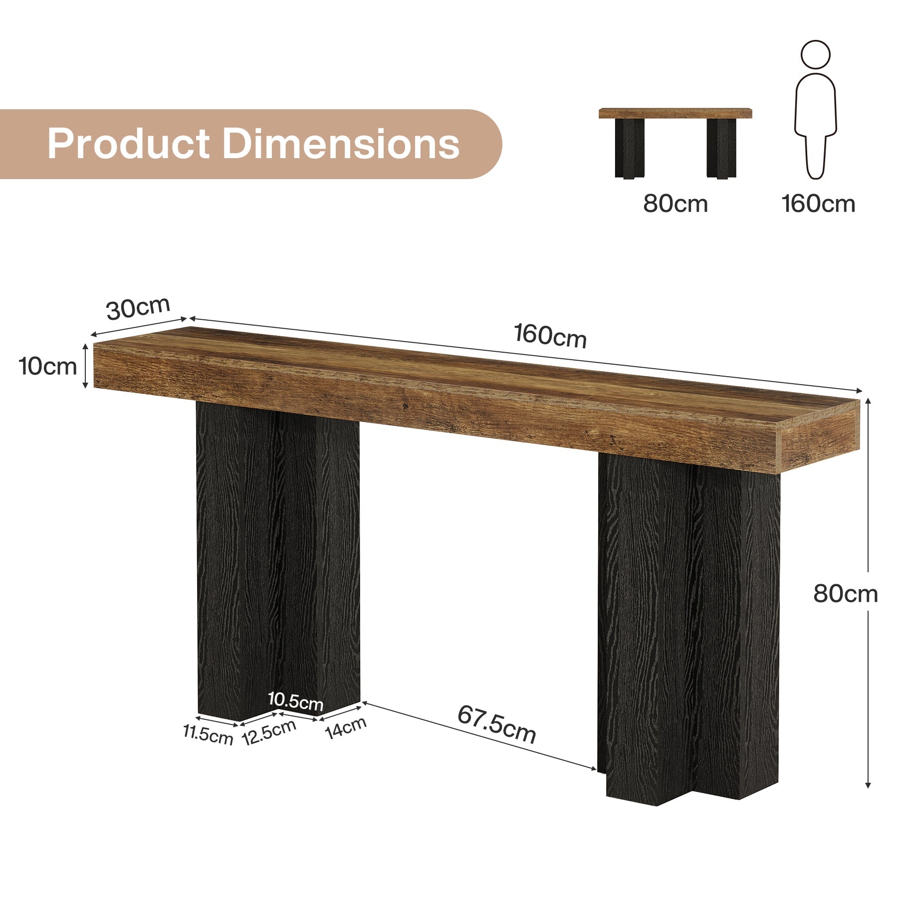 Tribesigns Consola de estilo rústico de 160 cm, Mesa de recibidor marrón con patas robustas para salón y entrada