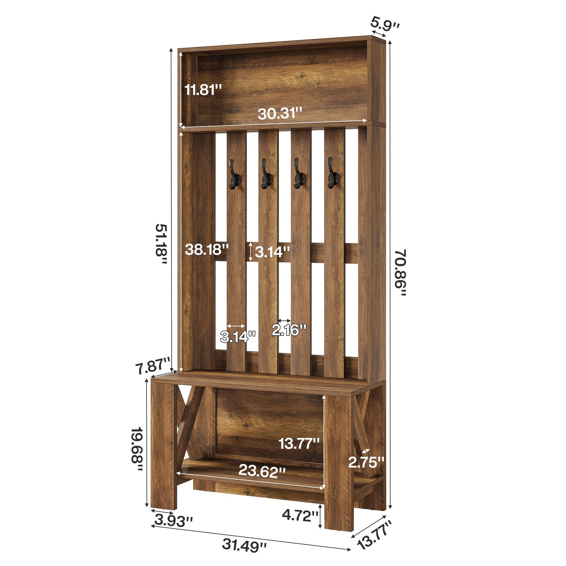 Mueble de recibidor de 180 cm con banco y espacio para guardar zapatos, Perchero estrecho con ganchos para recibidor y entrada