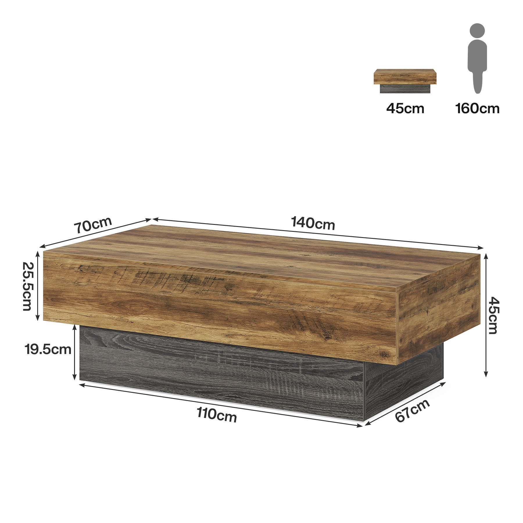 Tribesigns Mesa de centro de madera rústica de 140 cm rectangular, Mesa de té grande con estructura gris