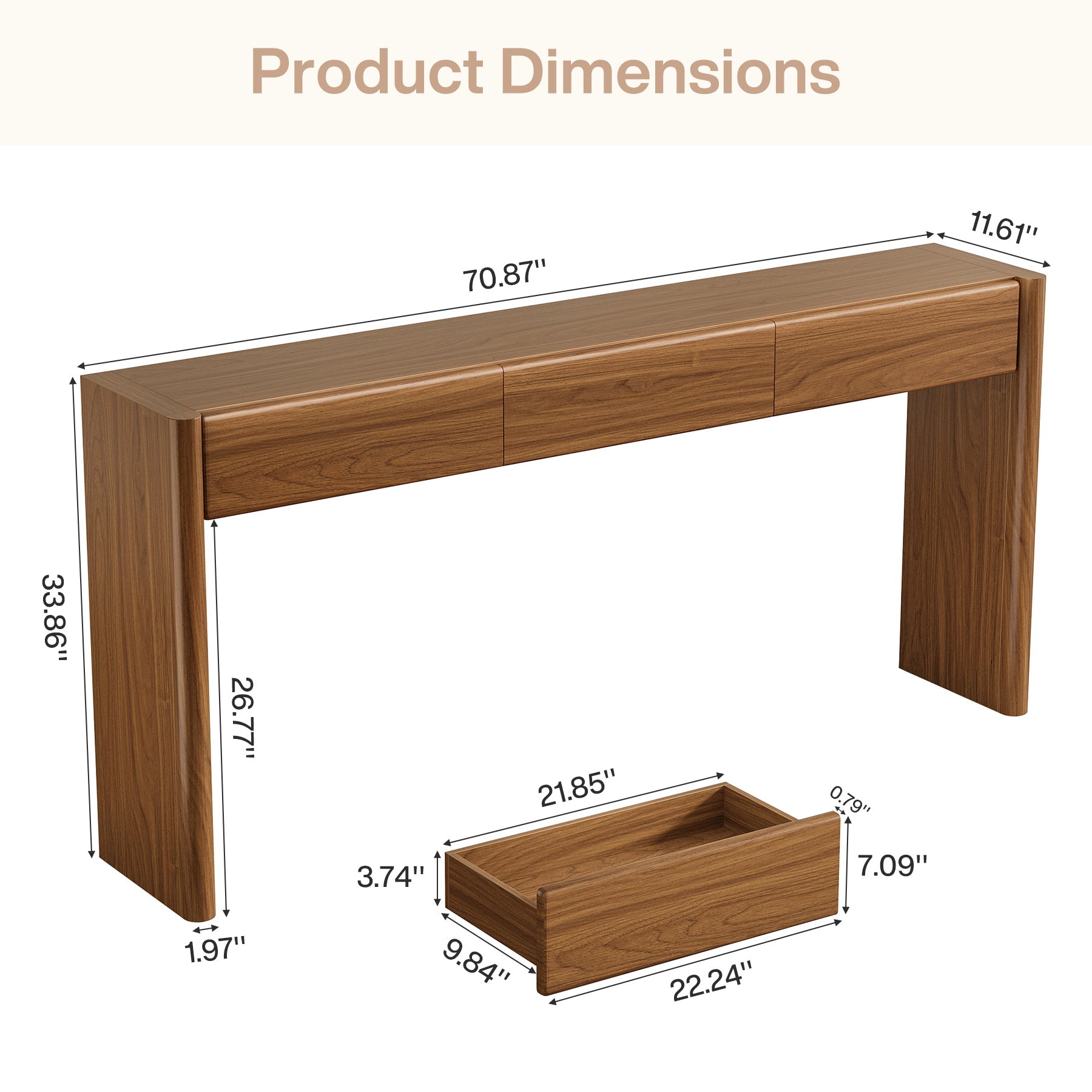 Tribesigns Consola de 180 cm con 3 cajones, Mesa estrecha para recibidor en marrón vintage Mesa auxiliar de madera con estante