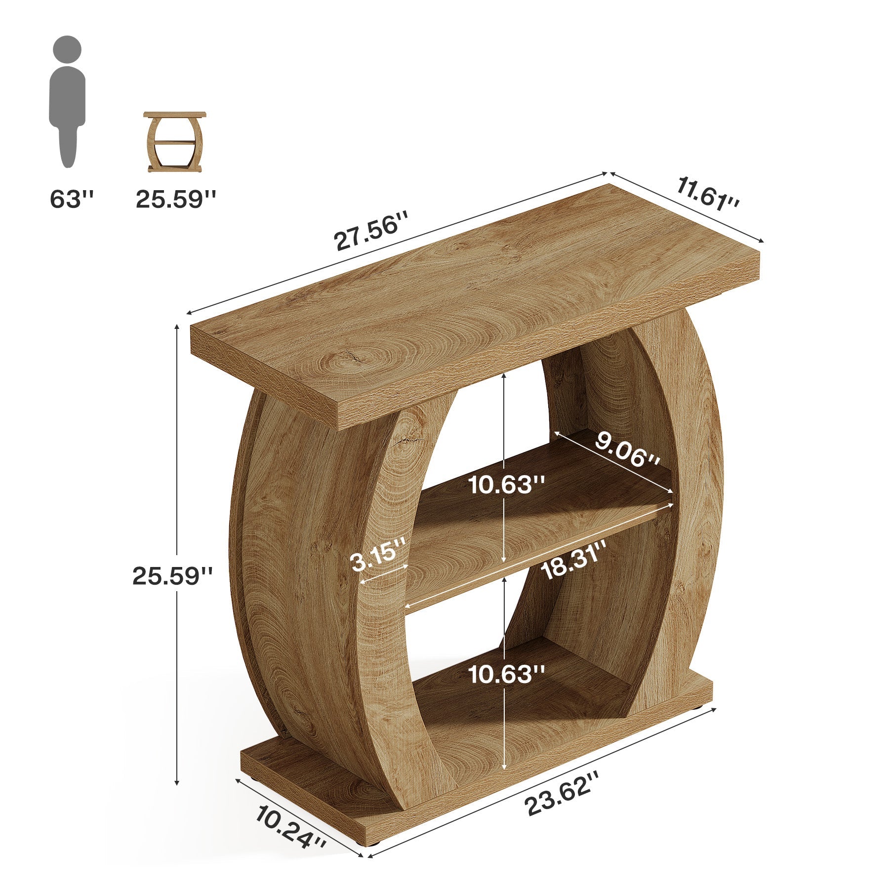 Tribesigns Mesita auxiliar estrecha de 65 cm con 3 niveles de almacenamiento, Mesita de noche rústica con estructura curva