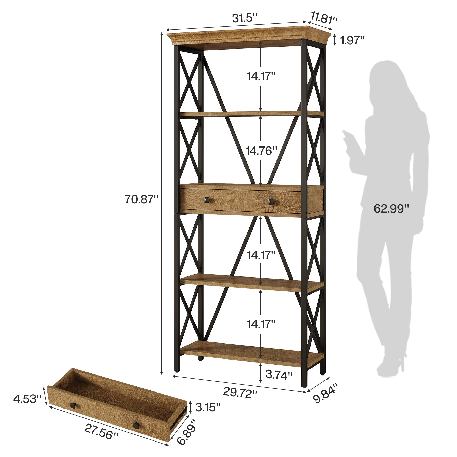Tribesigns Estantería Tribesigns de 180 cm con cajón, Estilo industrial con estantes abiertos y estructura estable en forma de X