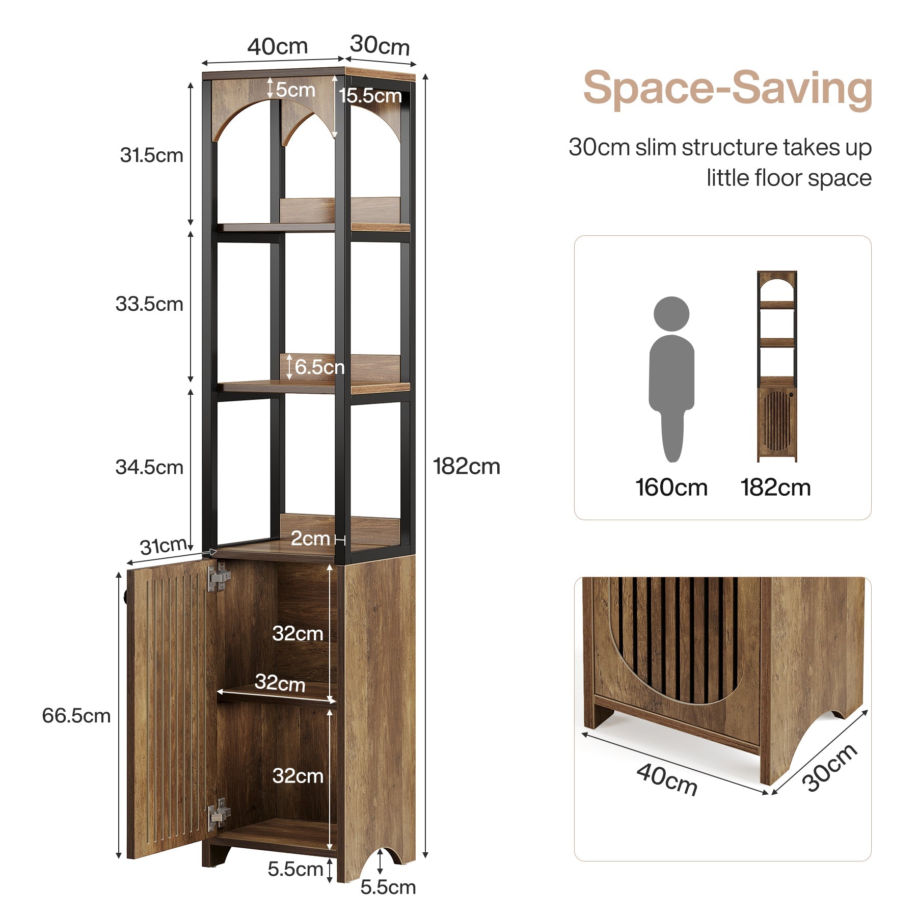 Tribesigns Librería de 6 niveles 180 cm de alto, Librería estrecha con puerta de persiana