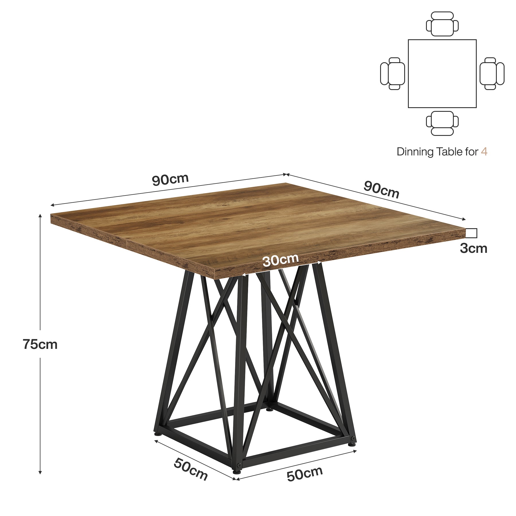 Tribesigns Mesa de comedor de 90 cm para 4 personas, Mesa cuadrada de estilo rústico con estructura de metal en marrón-negro