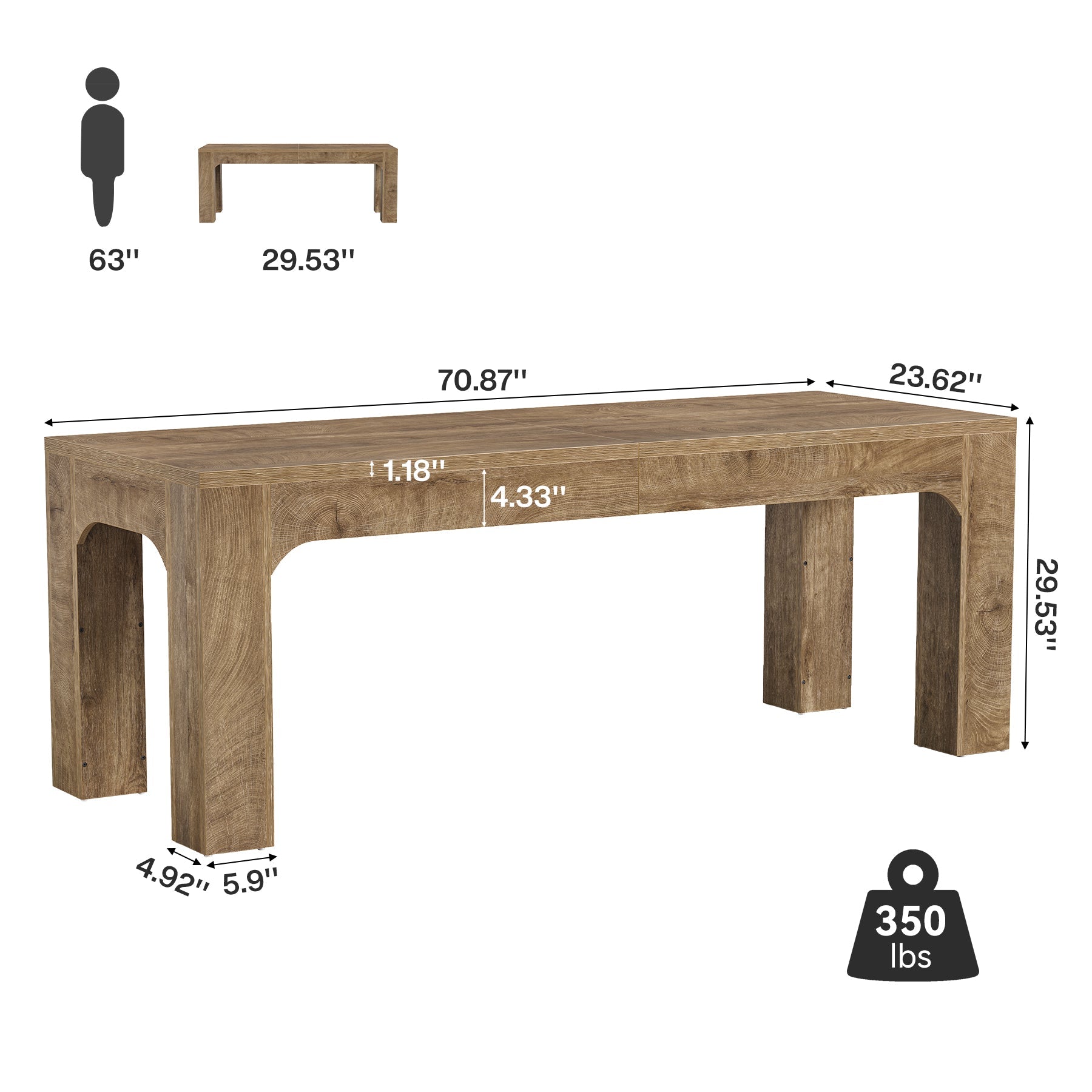 Mesa de comedor de 180 cm para 4-6 personas, Mesa de comedor rectangular de estilo rústico con patas robustas