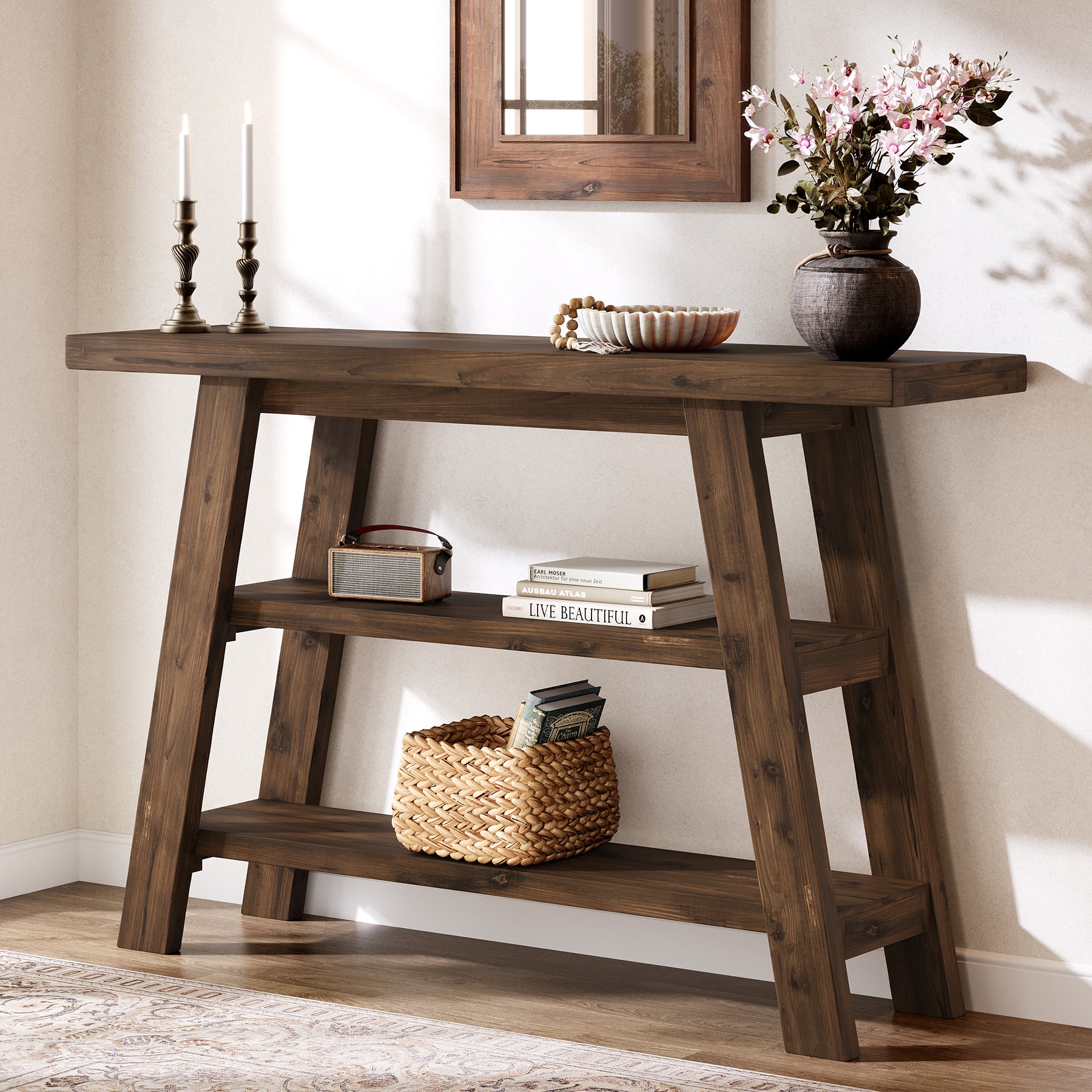 Tribesigns Consola de madera maciza de 120 cm de largo y 3 estantes
