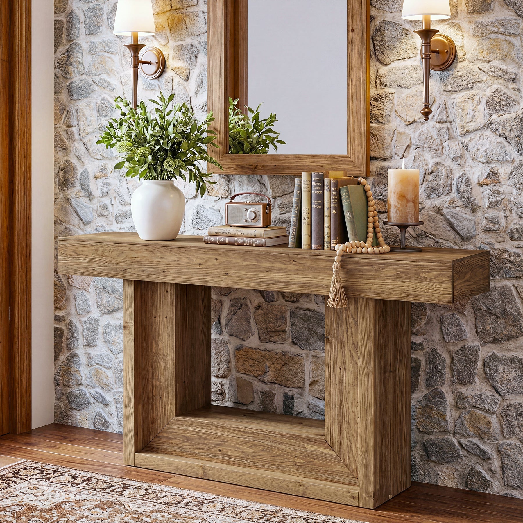 Tribesigns Mesa consola estrecha de madera maciza de 160 cm, Estilo rústico con estructura en forma de U y estante