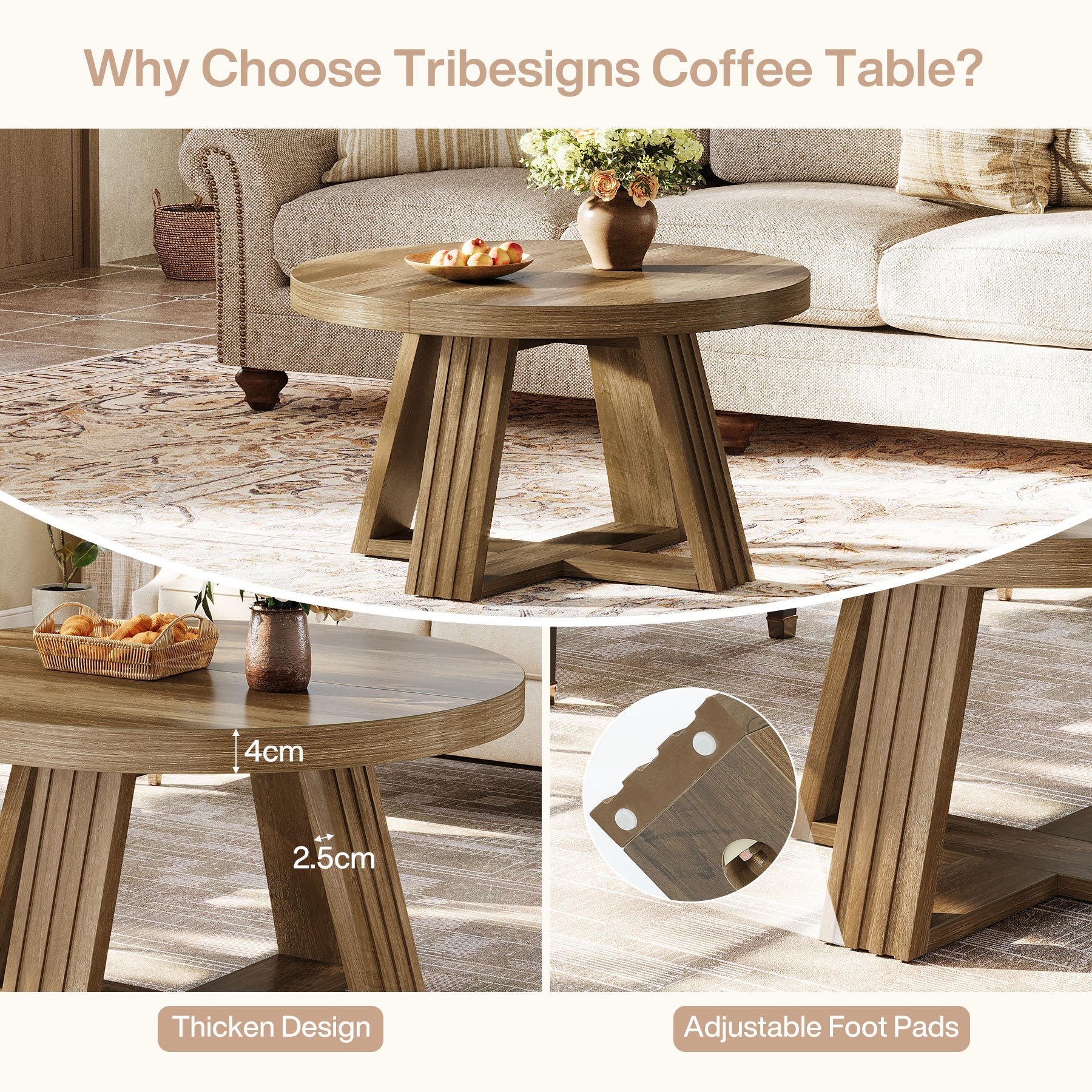 Tribesigns Mesa de centro redondade 80 cm, Estilo rústico mesa de salón con vetas de madera y estructura en cruz
