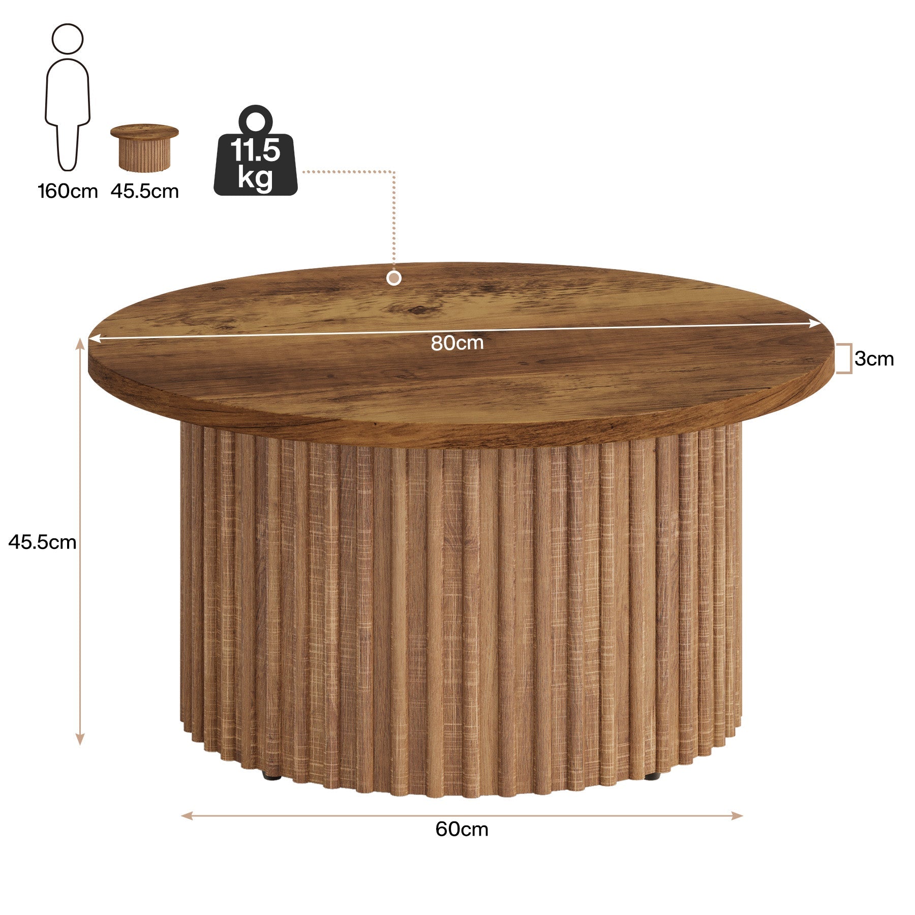 Tribesigns Mesa de centro redonda de 80 cm, Mesa auxiliar circular de estilo rústico con base metálica resistente