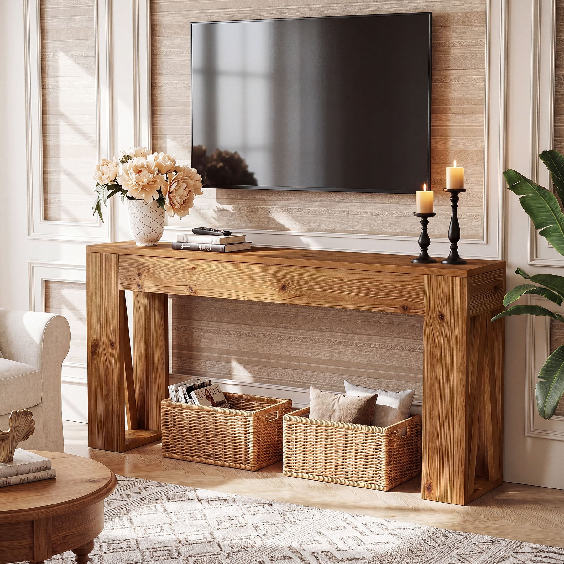 Tribesigns Massiver Konsolentisch 160 cm aus Tannenholz, schmaler Flurtisch im Landhausstil