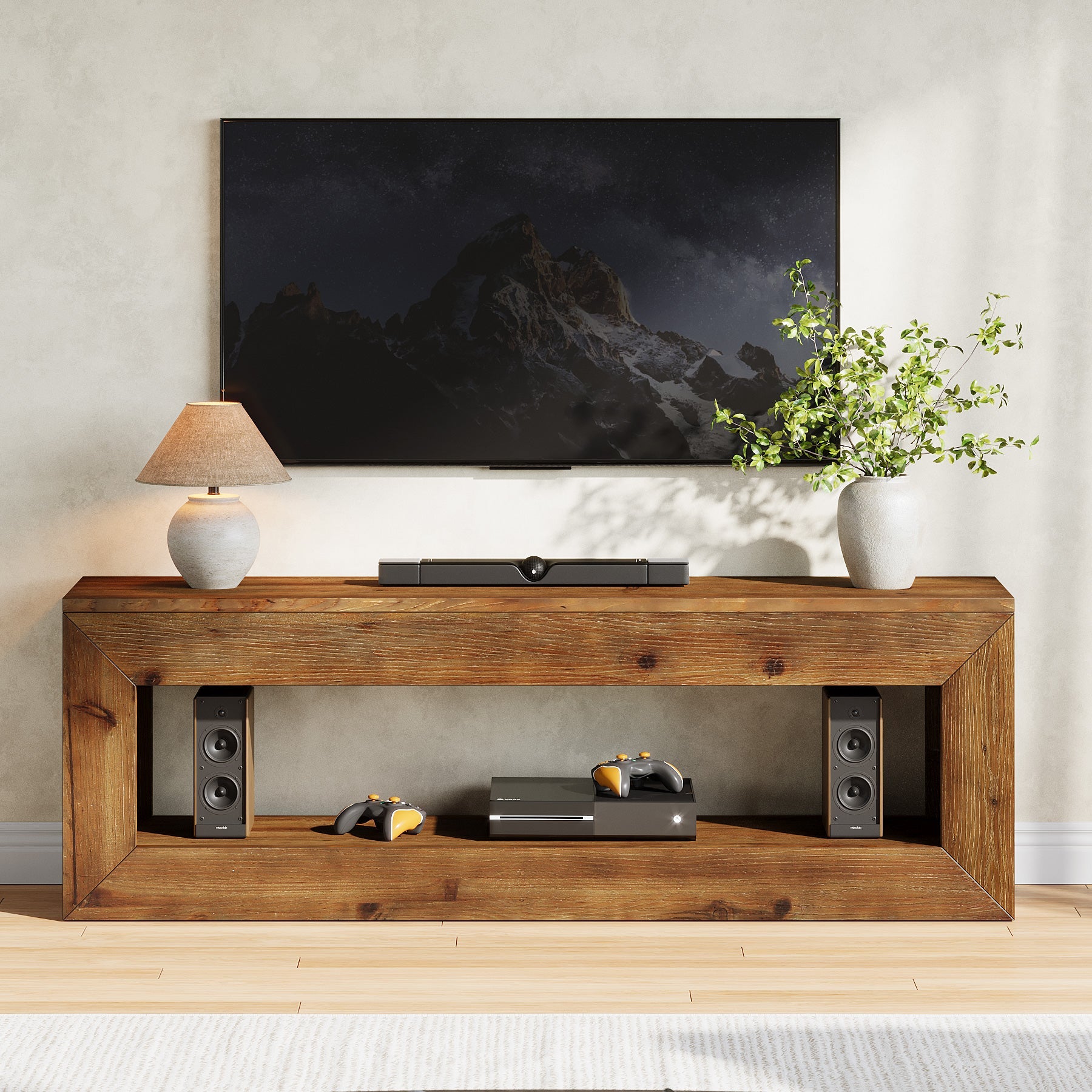Tribesigns Mueble de TV de 120 cm de madera maciza con almacenamiento, Mueble bajo rústico para equipos multimedia
