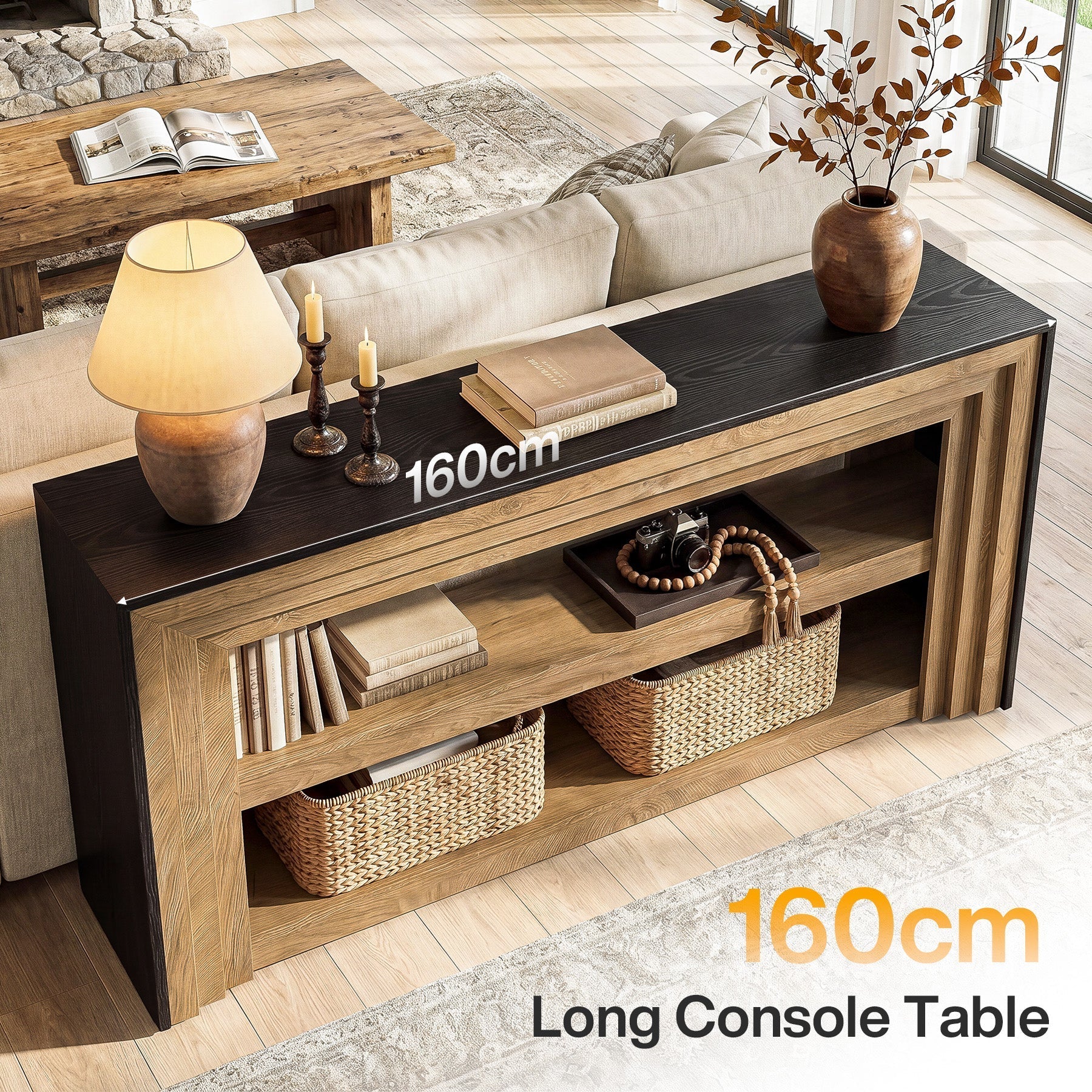Tribesigns Consola de 160 cm de estilo rústico, Mesa de recibidor estrecha con 3 niveles y estantes abiertos