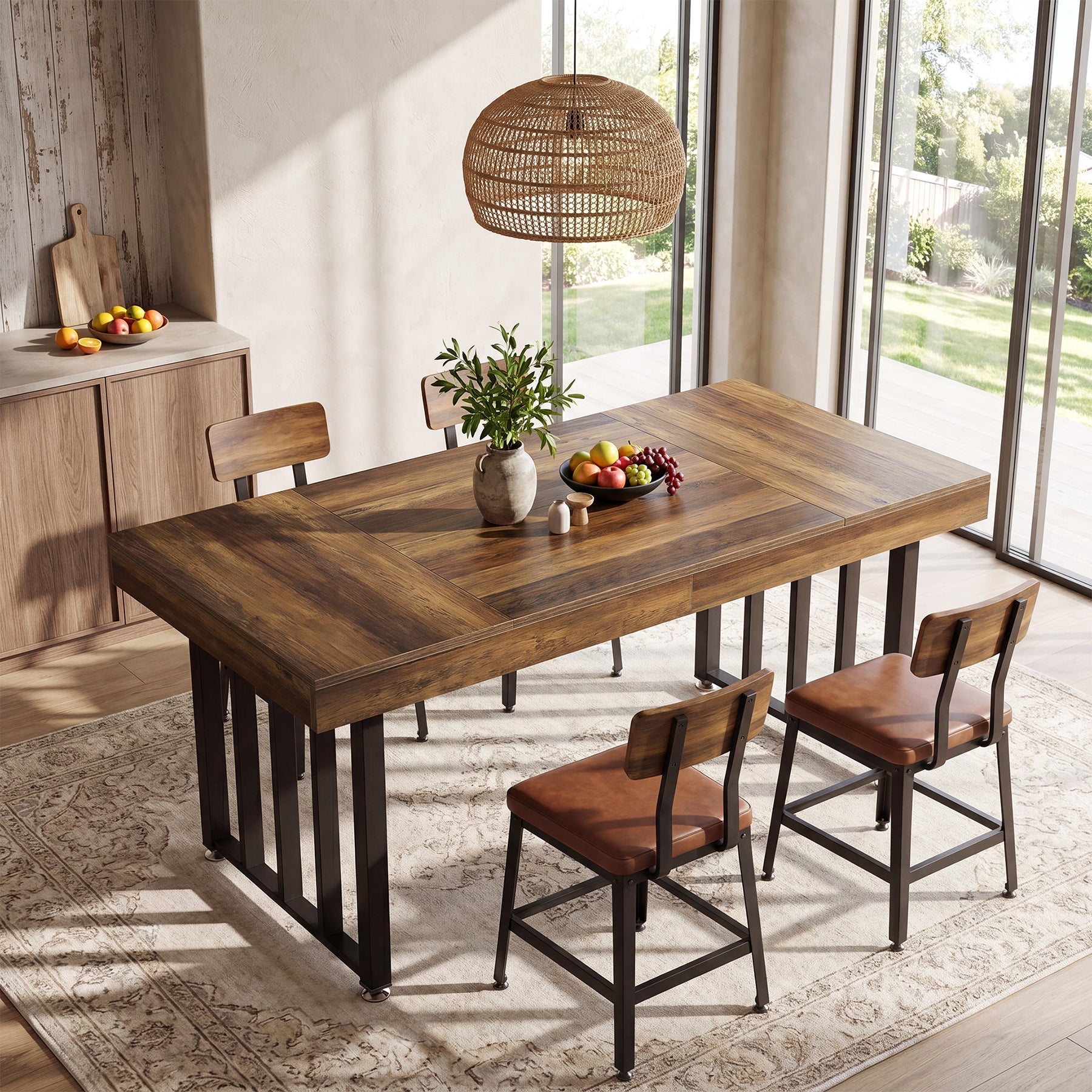 Mesa de comedor de 140 cm para 4 personas, Mesa de cocina rectangular con patas metálicas resistentes