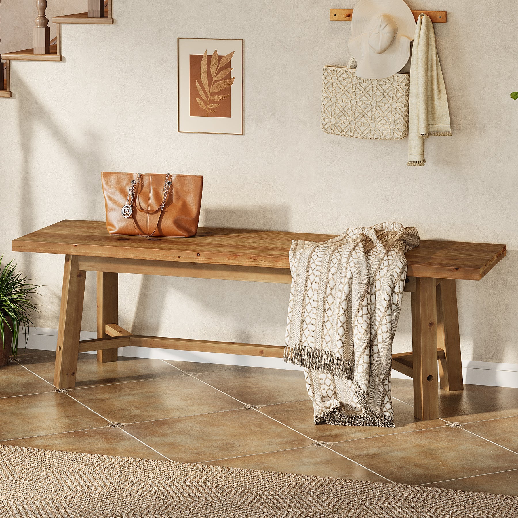 Banco de recibidorde 140 cm de madera maciza con estructura robusta, Banco rústico para recibidor y sala de estar