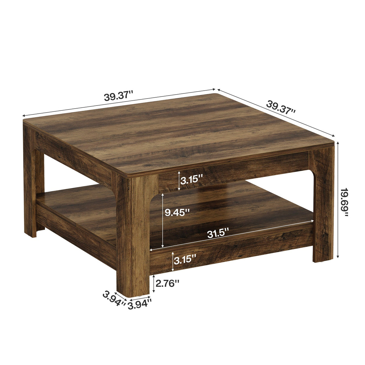 Tribesigns Mesa de centro de 100 cm con estante de almacenamiento, Mesa de salón cuadrada grande de estilo rústico