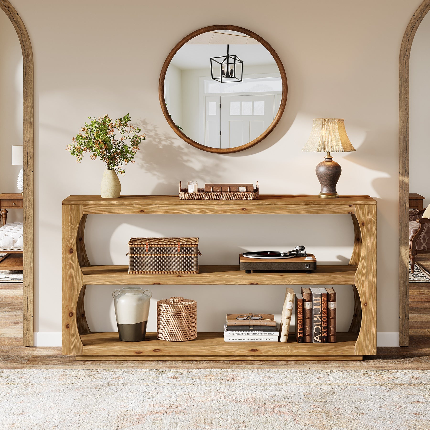 Tribesigns Mesa consola de 160 cm de madera maciza de abeto, Mesa de entrada estrecha con 3 estantes Estilo rústico para pasillo salón