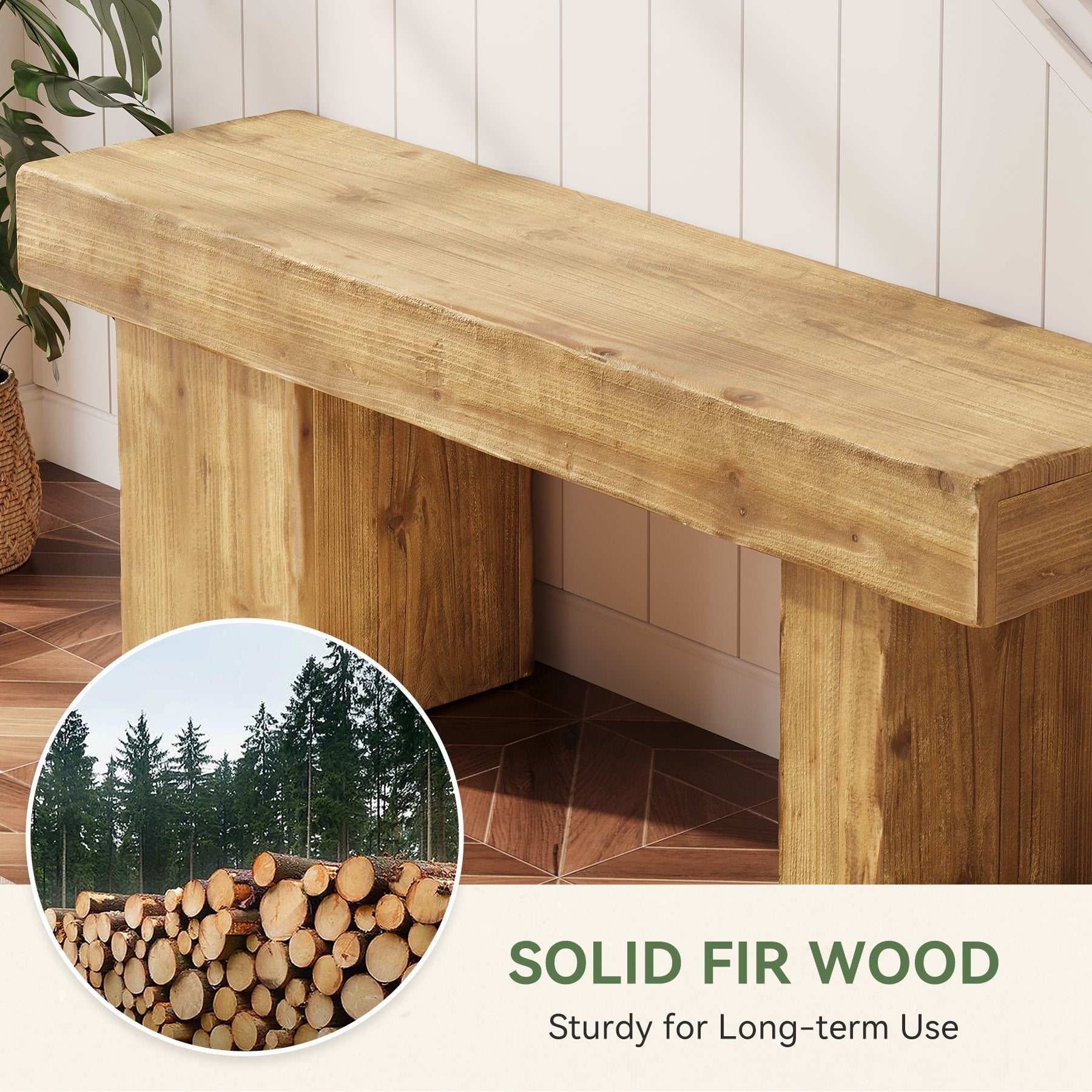 Banco de recibidor de 119 cm de madera maciza, Estilo rústico con asiento grueso