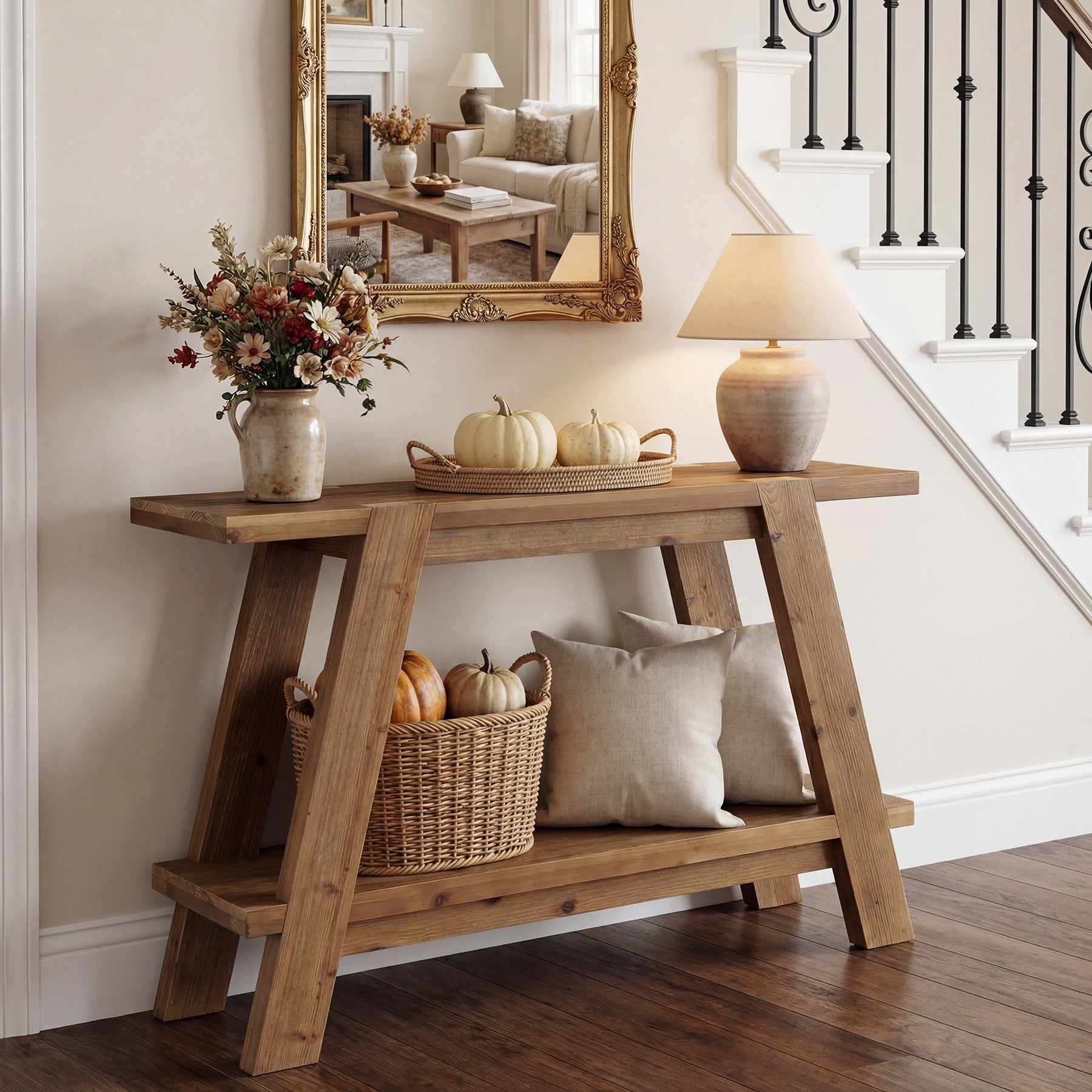 Tribesigns Consola estrecha de madera maciza de 110 cm de estilo rústico, Mesa de centro con 2 estantes