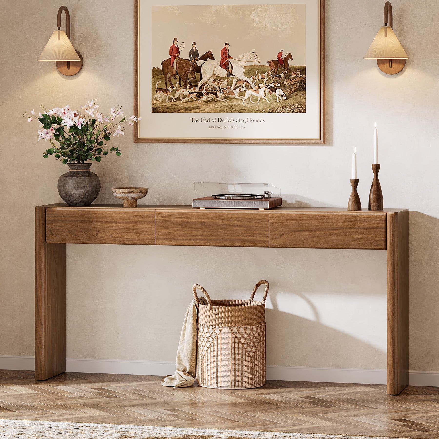 Tribesigns Consola de 180 cm con 3 cajones, Mesa estrecha para recibidor en marrón vintage Mesa auxiliar de madera con estante