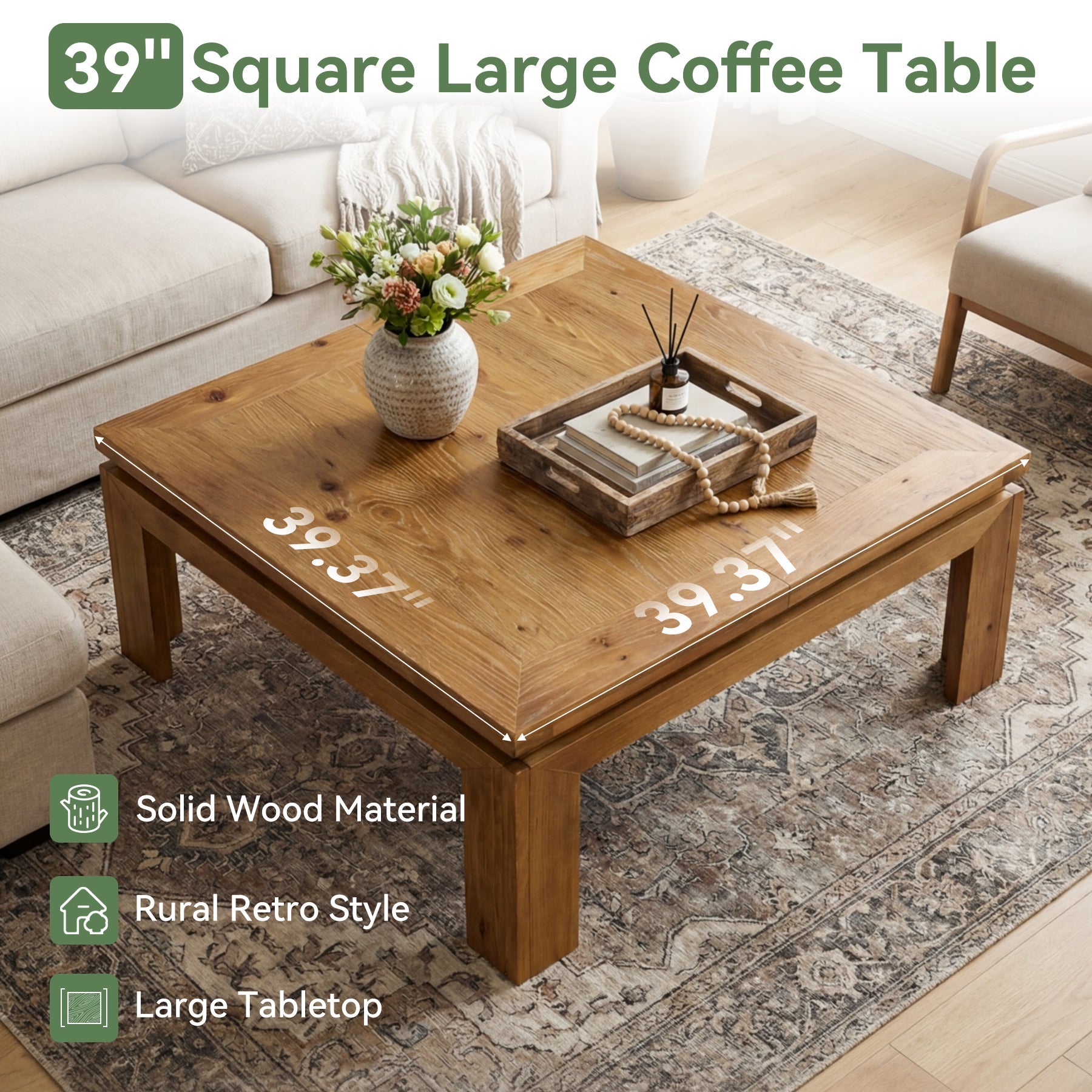 100 x 100 x 46 cm Tribesigns vierkante salontafel van massief hout met verzonken rand, landelijke middentafel voor woonkamer