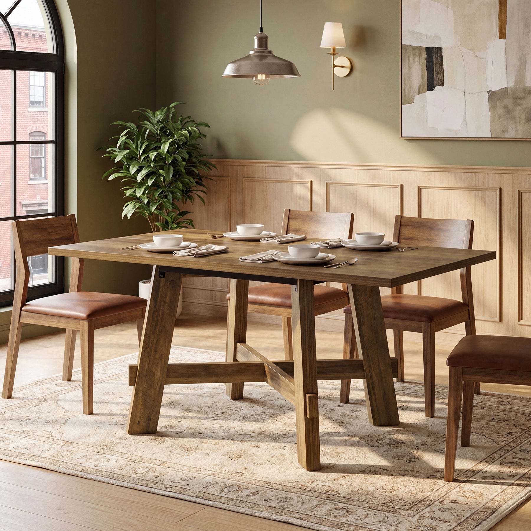 Tribesigns Mesa de comedor rústica de 140 cm para 4 personas con soporte en cruz, Mesa de cocina de madera para apartamento y comedor