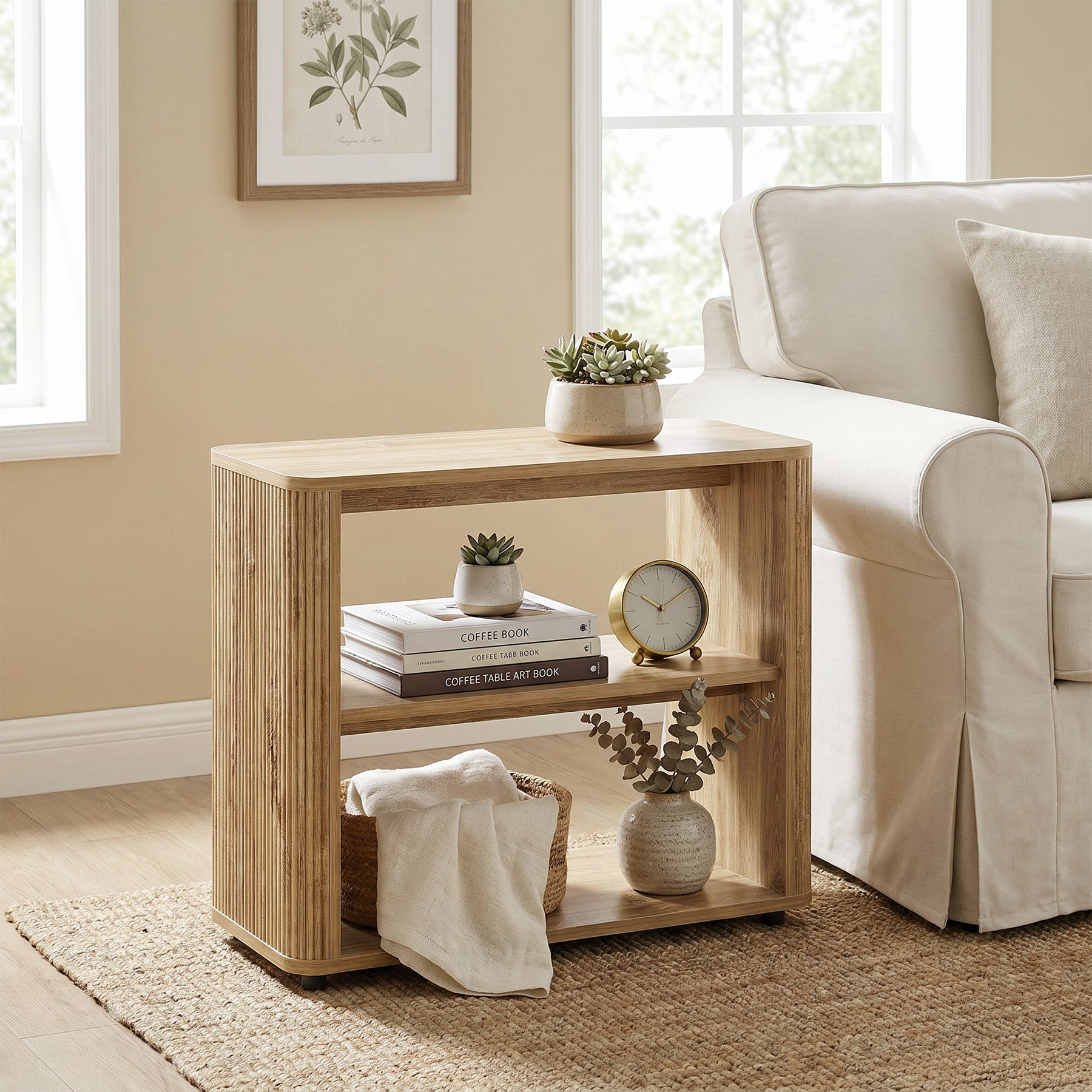 Mesita auxiliar estrecha con 3 estantes, Mesita de noche con aspecto de madera para habitaciones pequeñas