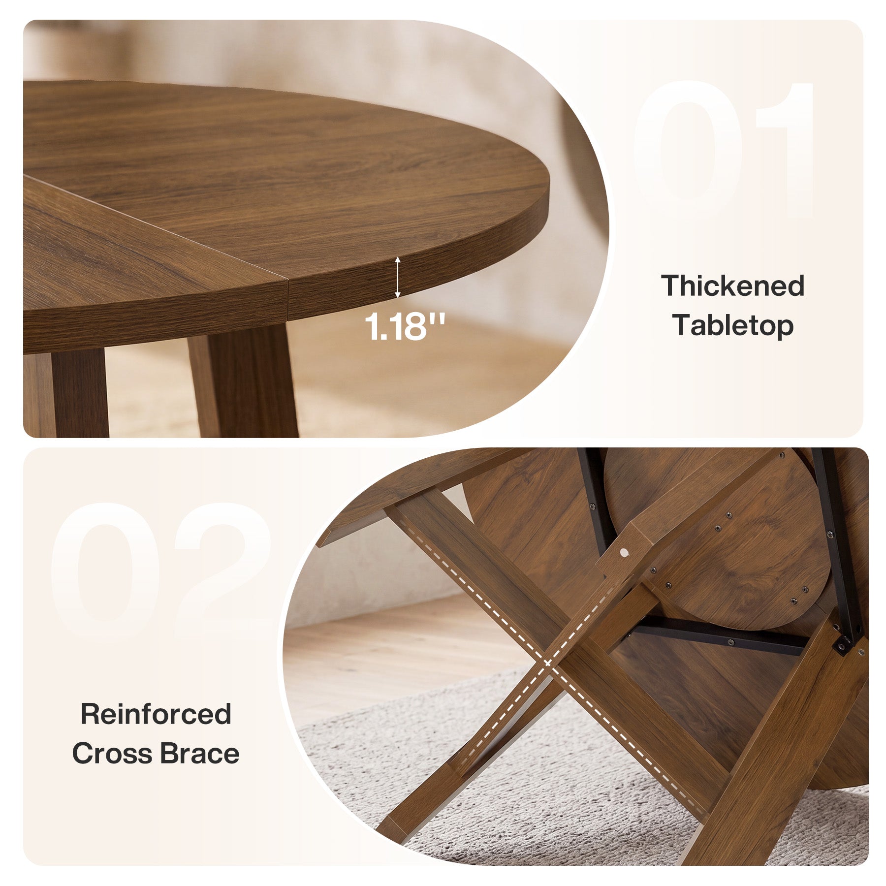 Tribesigns 118 cm ronde eettafel, farmhouse keukentafel met kruissteun voor 4-6 personen
