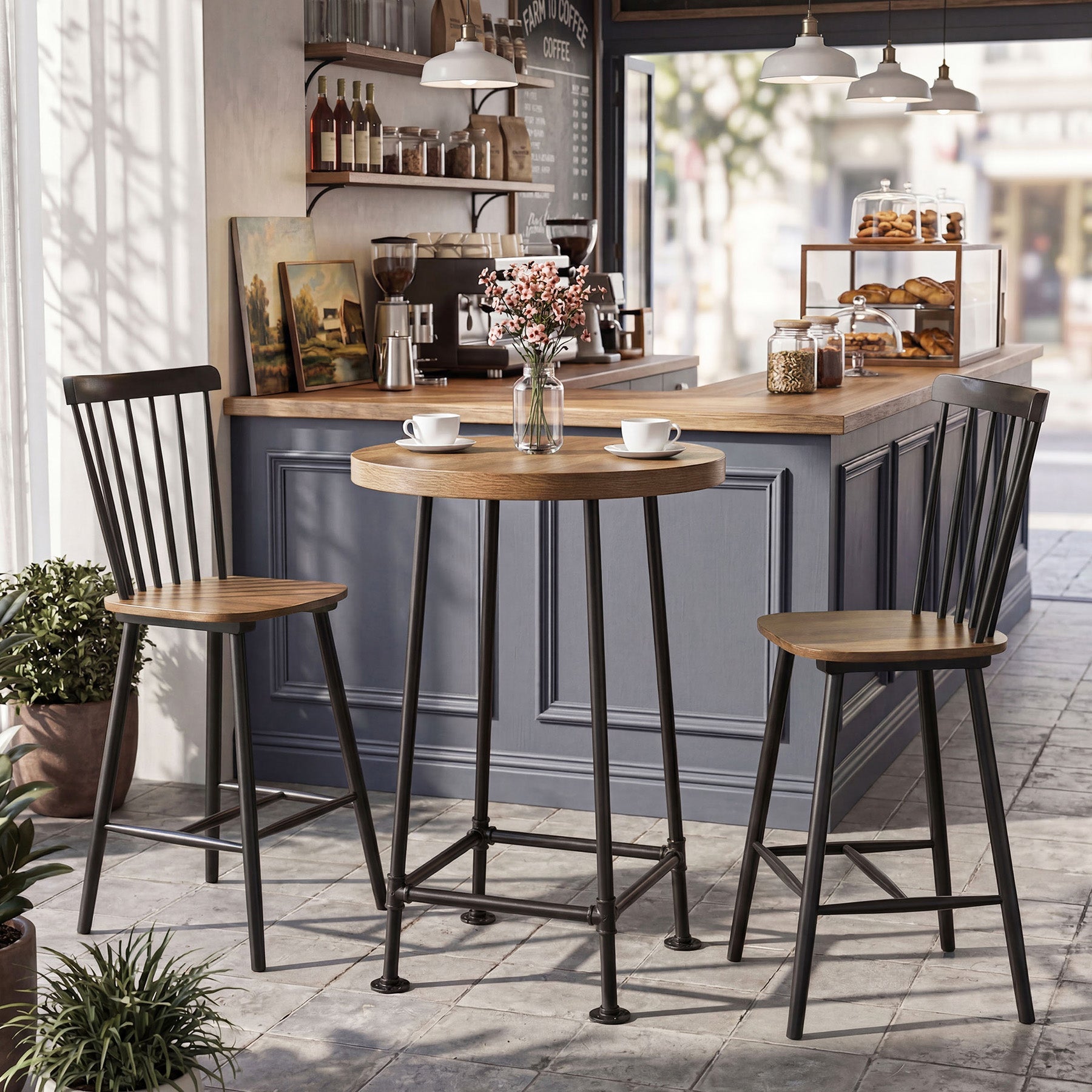 Tribesigns Mesa redonda de bar de 95 cm con reposapiés metálico, Mesa alta de estilo industrial para cocina y bistró (solo la mesa)