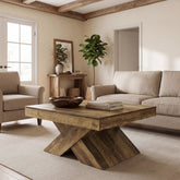 Mesa de centro cuadrada de 80 x 80 cm, Mesa de madera estilo rústico con base en forma de X para sala de estar y espacios pequeños 3