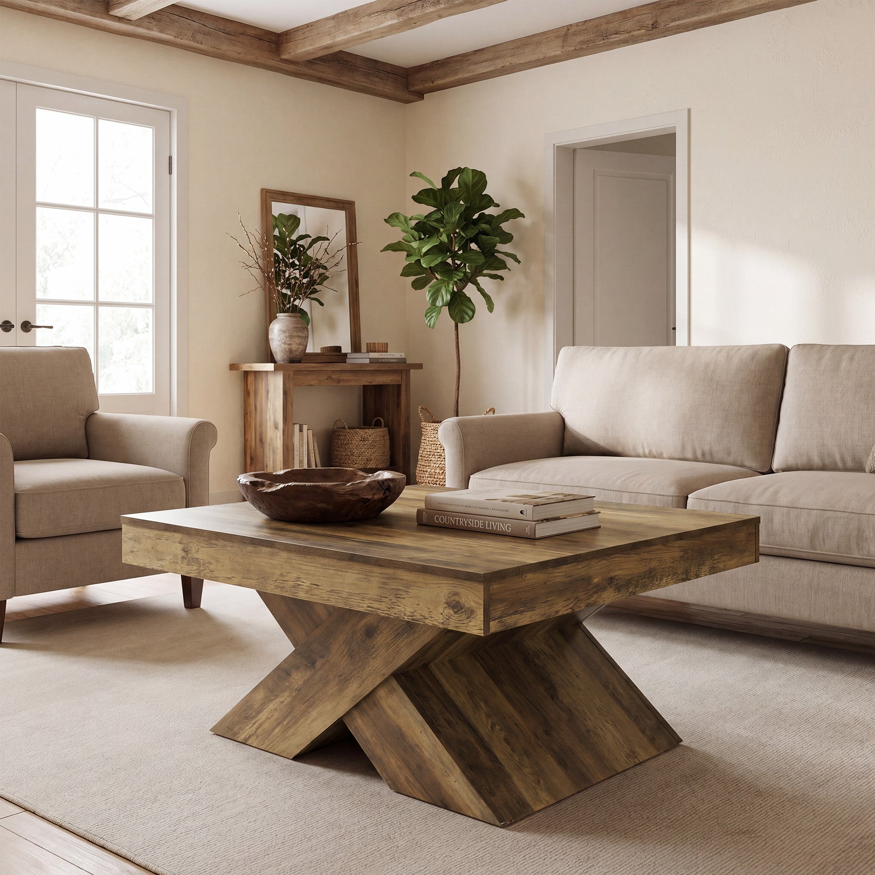 Mesa de centro cuadrada de 80 x 80 cm, Mesa de madera estilo rústico con base en forma de X para sala de estar y espacios pequeños