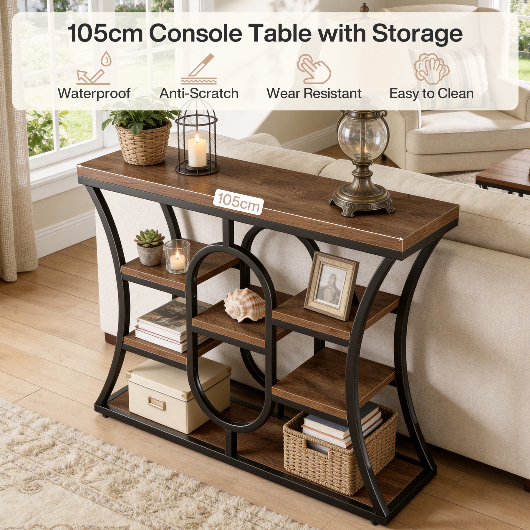 Tribesigns Mesa consola 105 cm (estrecha), Mesa auxiliar para sofá estilo industrial de 5 niveles