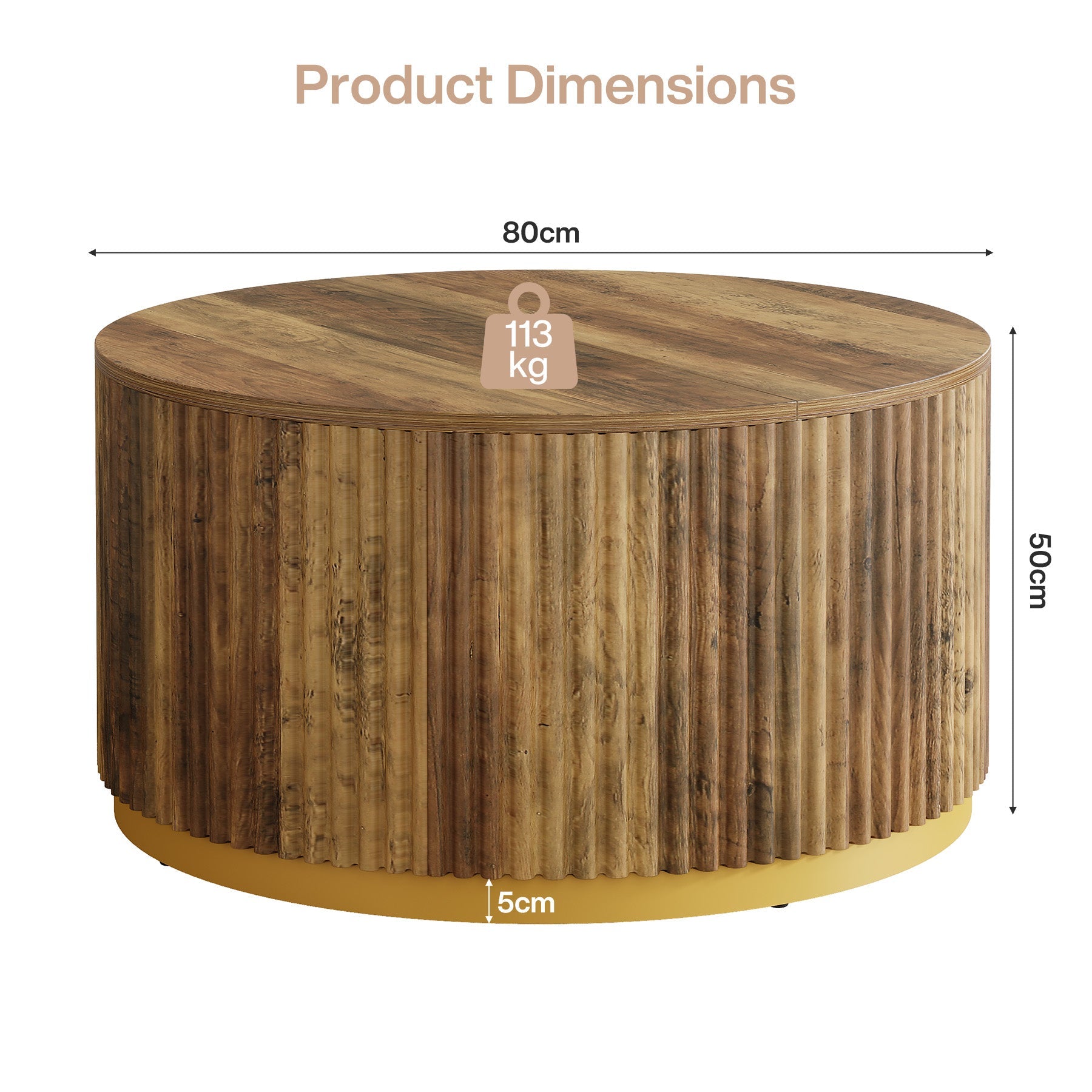Tribesigns Mesa de centro redonda de 80 cm con diseño acanalado, Mesa de salón con base de tambor estable
