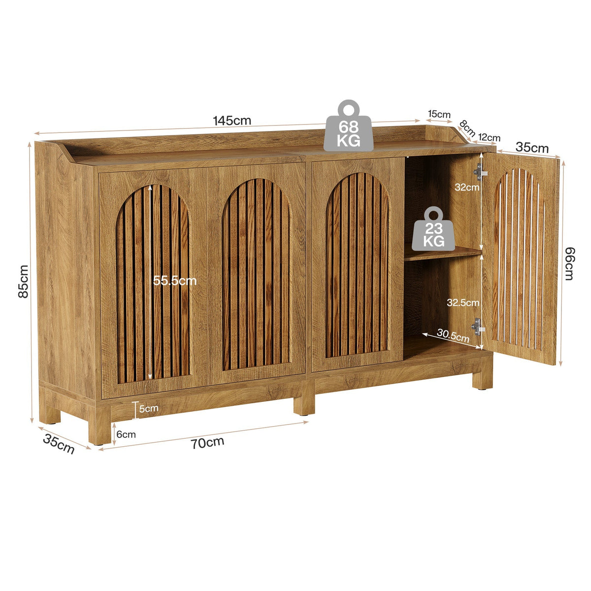Tribesigns Aparador 145 cm, Aparador con puertas y estantes ajustables