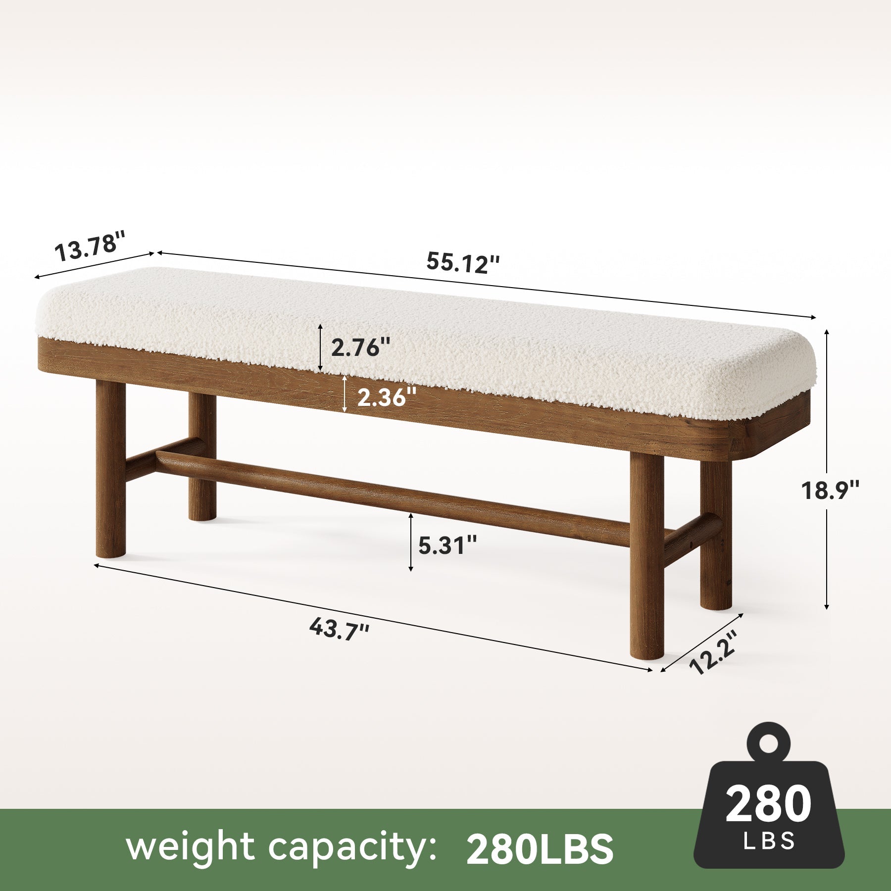 Tribesigns Banco tapizado de 140 cm, Fabricado en madera maciza Banco para dormitorio con funda de felpa