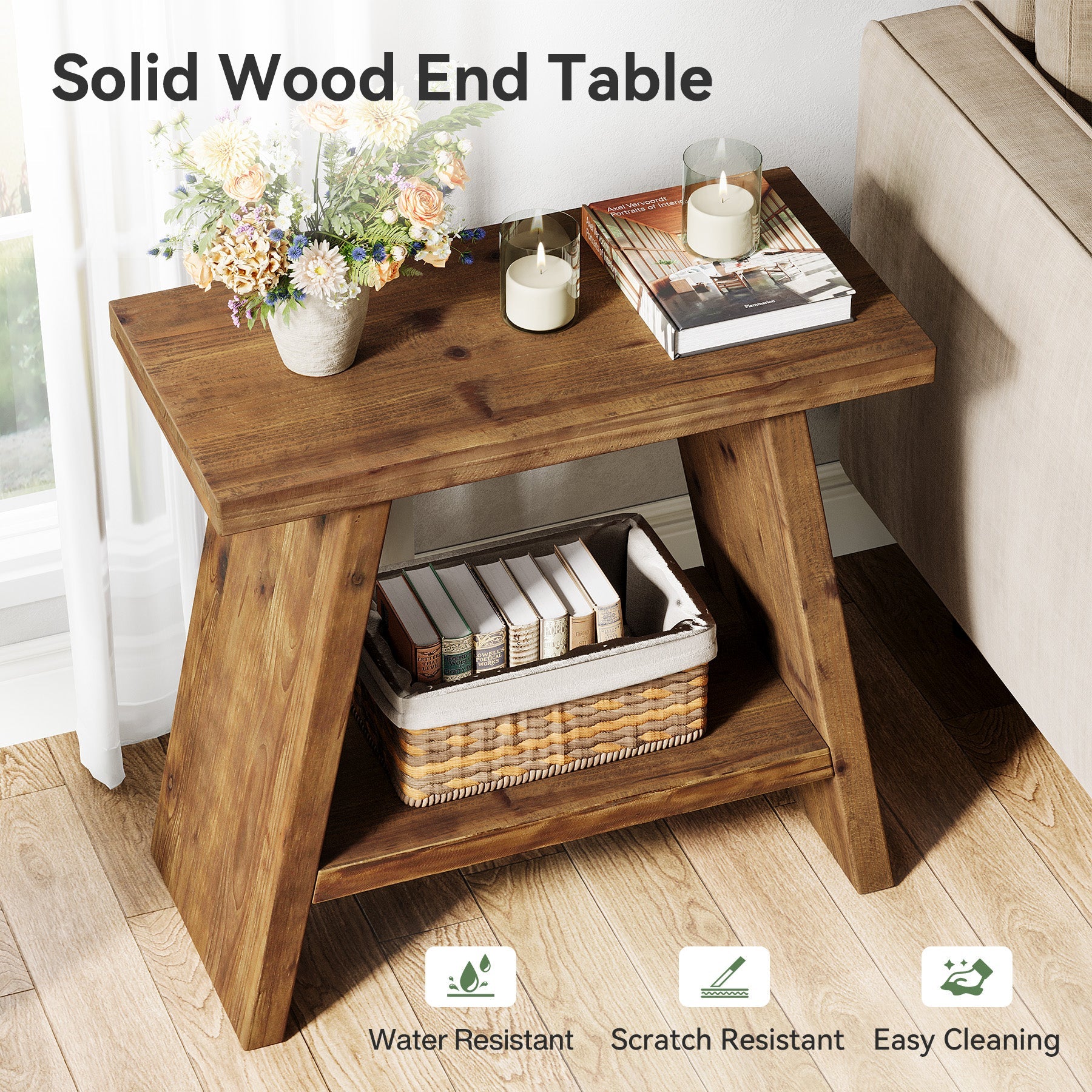 Mesita auxiliar estrecha de madera maciza de 60 x 30 cm con almacenamiento de 2 niveles, Mesita de noche rústica para salón y dormitorio