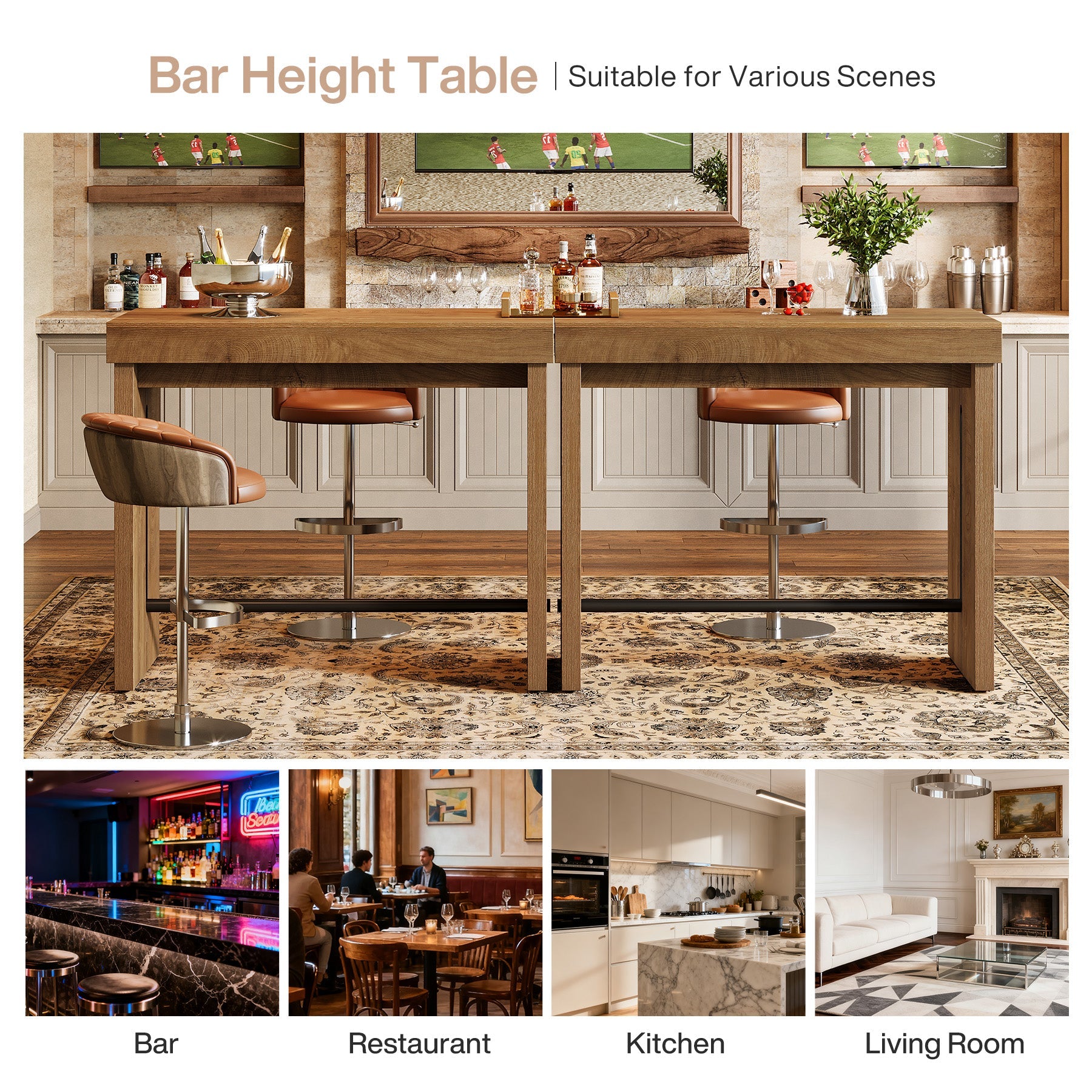 Mesa de bar de 105 cm, Mesa alta con reposapiés, isla de cocina y mesa de bistró de estilo rústico