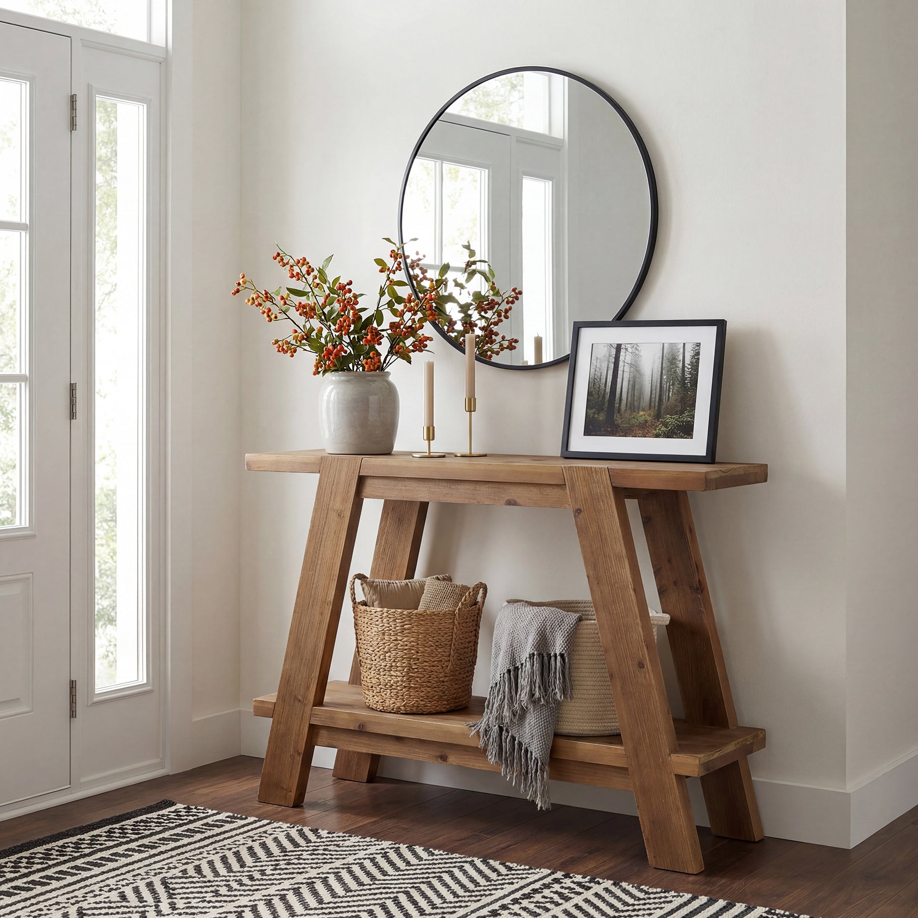 Tribesigns Consola estrecha de madera maciza de 110 cm de estilo rústico, Mesa de centro con 2 estantes