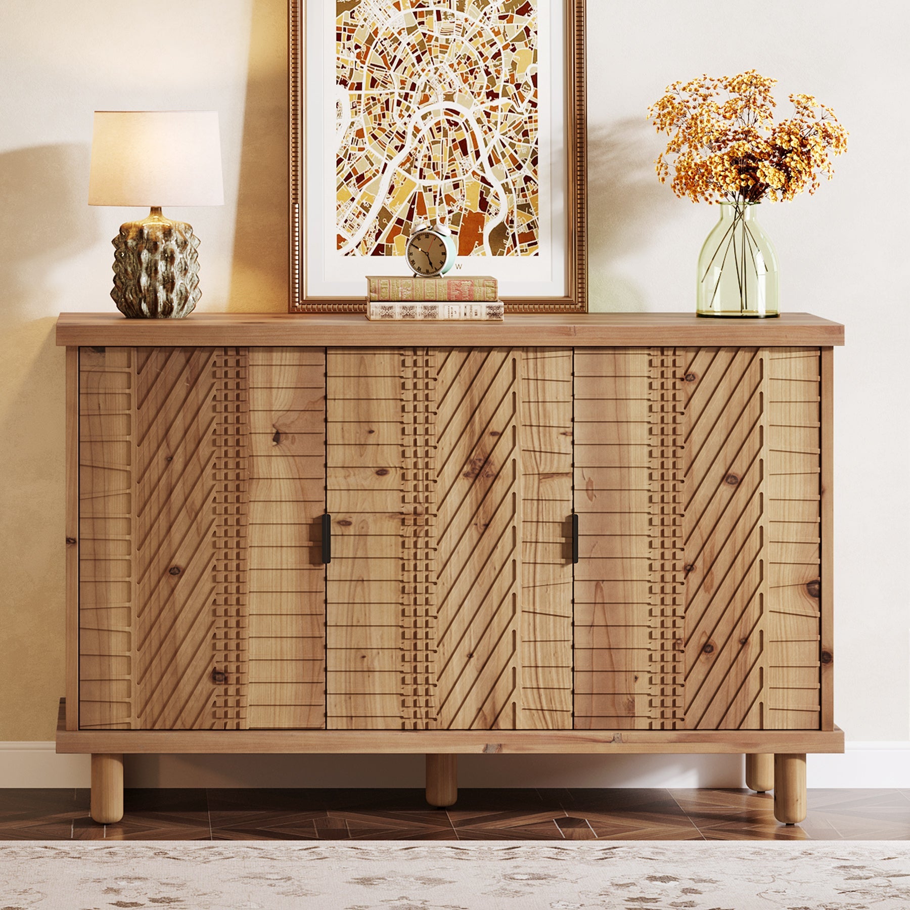 Aparador de madera maciza con espacio de almacenamiento, Vitrina de estilo rústico con 3 puertas y 2 estantes ajustables