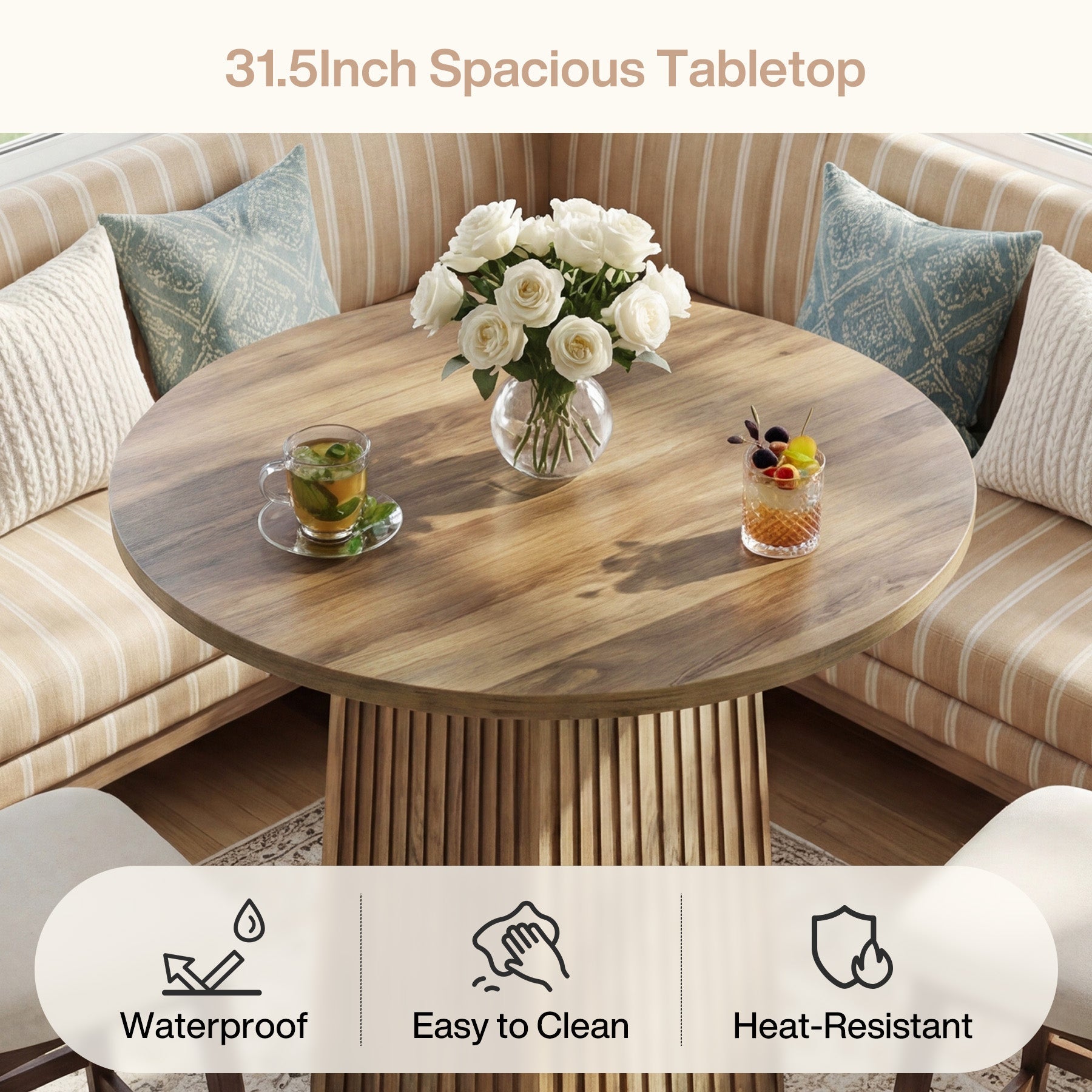 Tribesigns Mesa de comedor redonda de 80 cm, Mesa de pedestal de madera para 2 personas