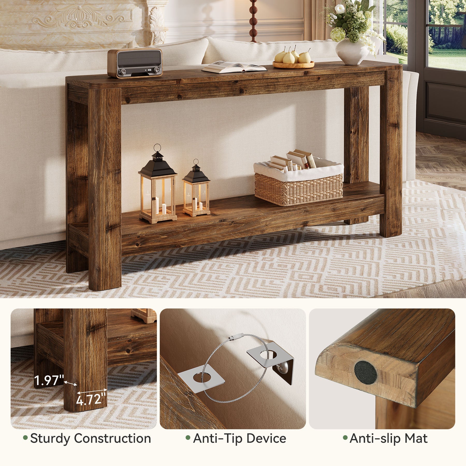 Tribesigns Mesa consola de madera maciza de 160 cm, Mesa auxiliar estrecha de estilo rústico con estante